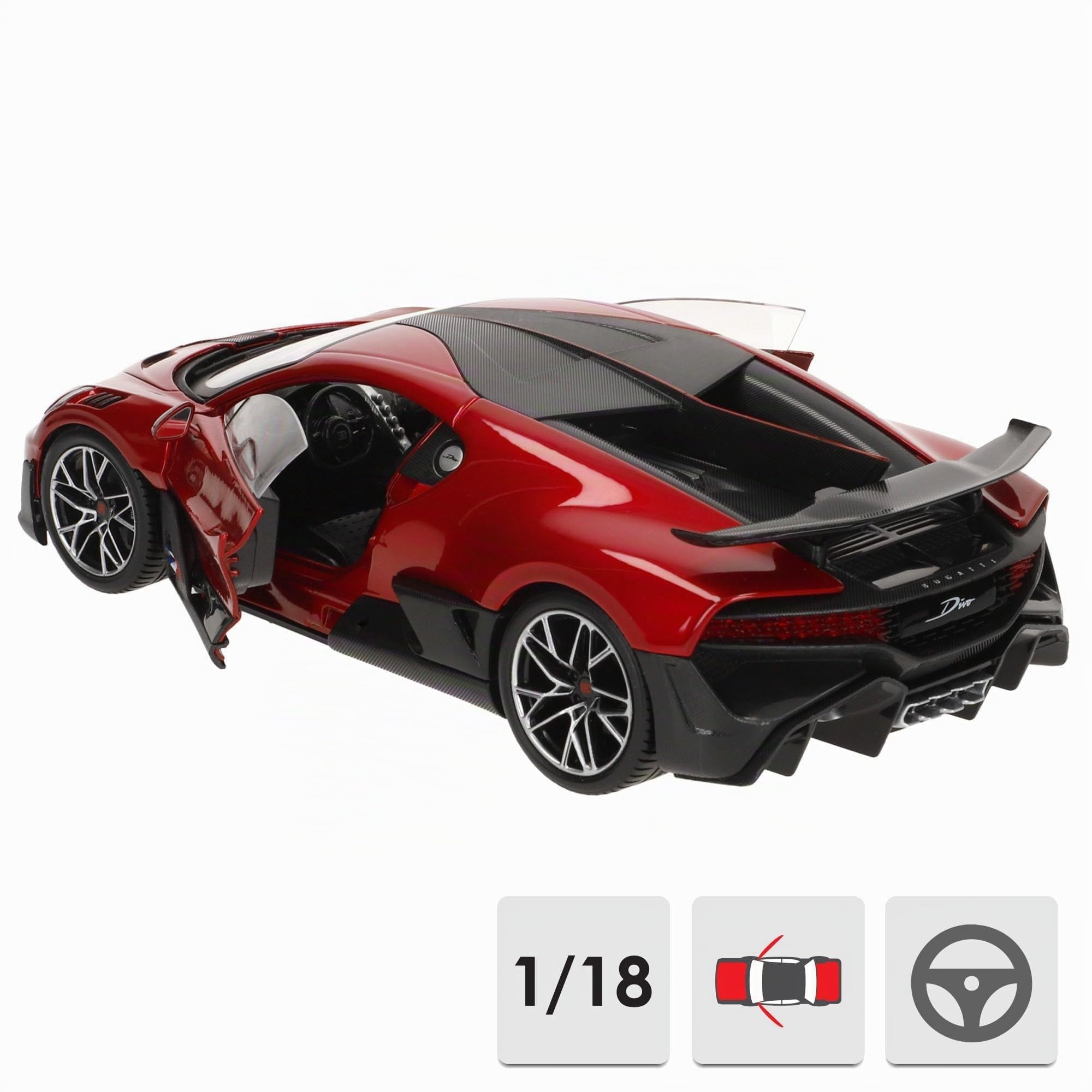 Burago Maqueta coche Bugatti Divo, Escala 1:18, Carrocería en rojo y negro con aerodinámica optimizada, Fabricado en die-cast metal, Puertas apertura manual, Interior detallado (78093)