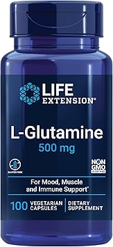 Life Extension L-Glutamine, 500 mg L-glutamine, Amino Acid, Supports Muscle Health and Immune Health, Gluten-Free, Non-GMO, 100 Vegetarian Capsules