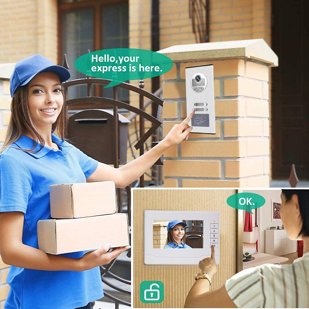 OBO HANDS Kit da 7 "RFID Cablato 4 Monitor Interni + 700TVL IR Telecamera Esterna per Visione Notturna Supporto ad Alta Risoluzione 500 Utenti RFID per 4 Appartamenti/Famiglie