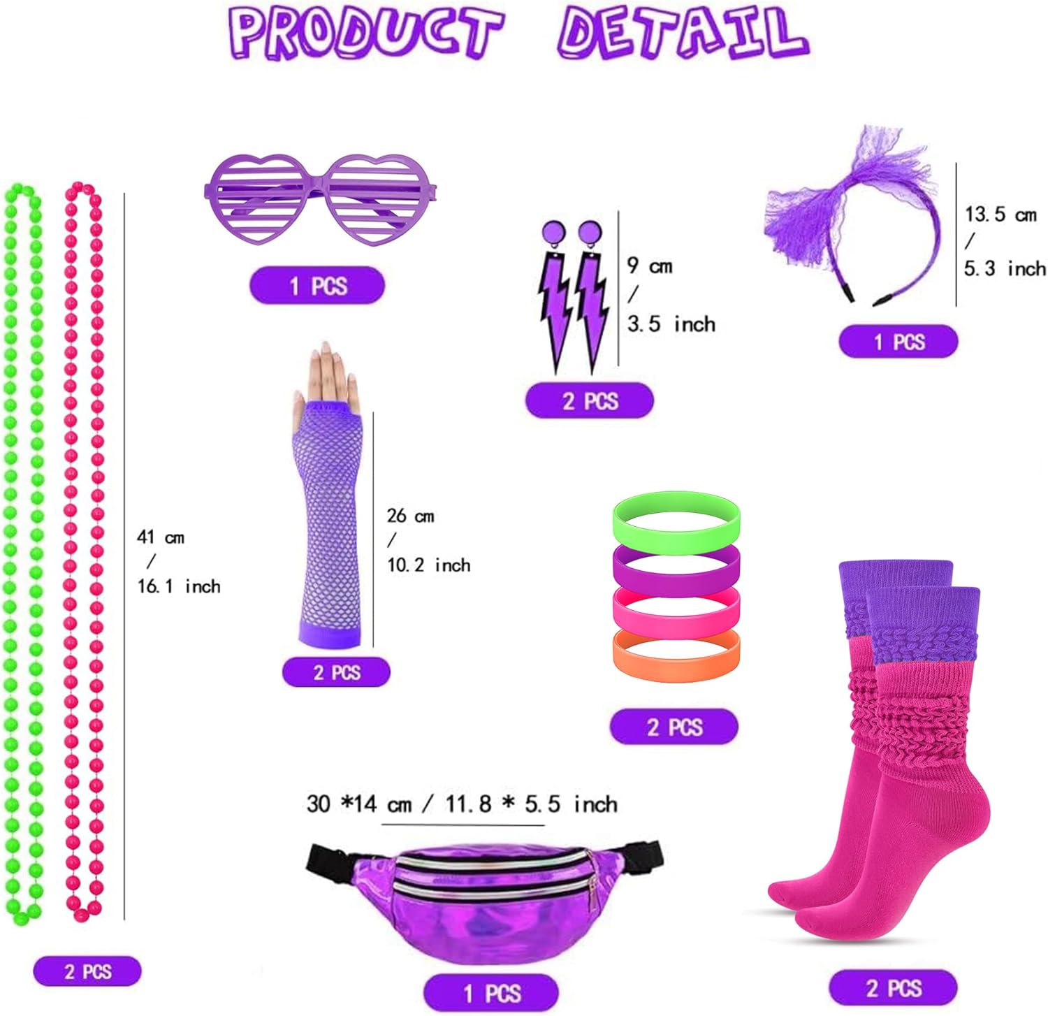 Xintorch 80s Accessories for Women 80s Neon Socks Holographic Fanny Pack Lace Headband Earrings Fishnet Gloves for 80's Party - Image 7