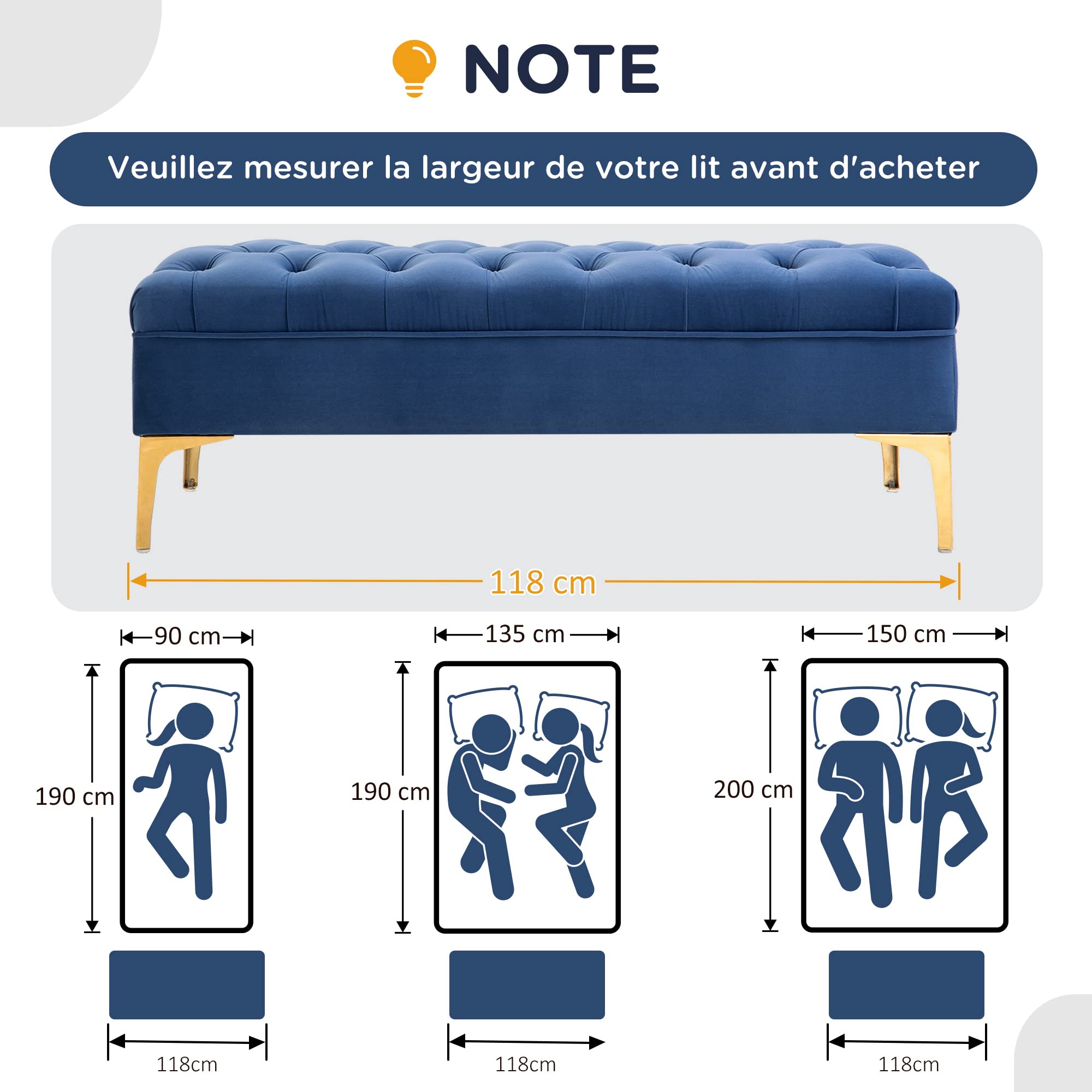 HOMCOM Banc Banquette capitonnée Bout de lit Style Classique Chic dim. 118L x 45l x 42H cm piètement métal doré Velours Bleu