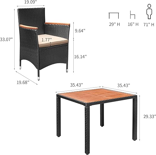 Miniatura 7 de Flamaker Juego de comedor de 5 piezas para patio, mesa y sillas de madera de acacia al aire libre con cojines suaves, muebles de patio de mimbre