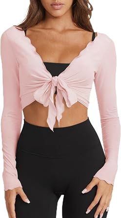 Womens Tie Front Wrap Tops Crop Bolero Long Sleeve Yoga Cover Up