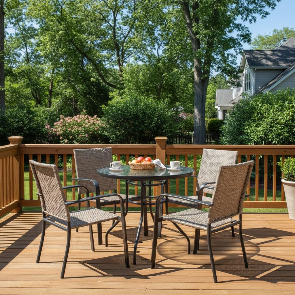 Tangkula 32" Round Outdoor Table with Tempered Glass Top, Patio Dining Table with Umbrella Hole & Metal Frame, Outside Bistro Table for Backyard, Lawn, Deck & Poolside Round 32" x 32" x 28"