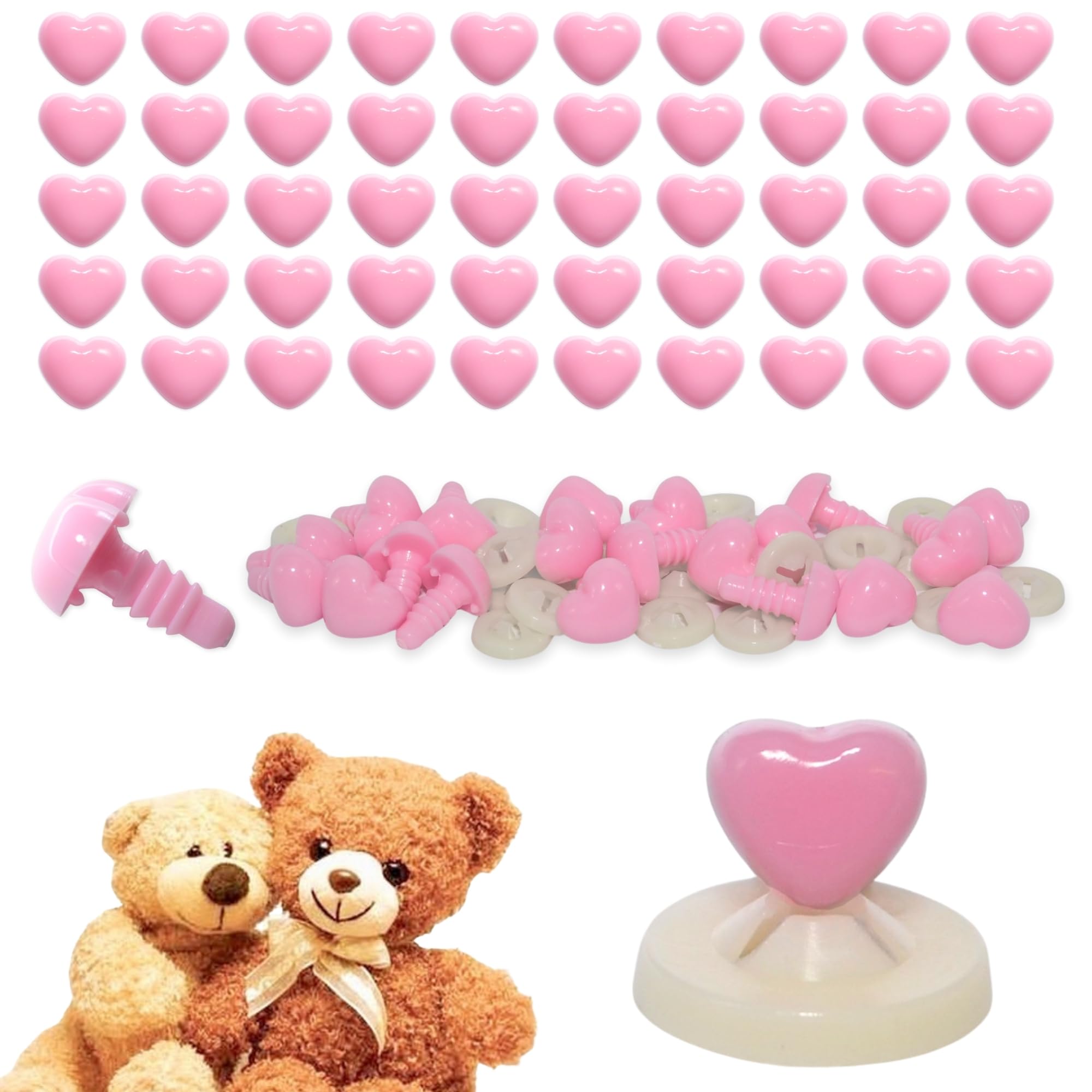celloexpress 8mm x 7mm Baby Pink Heart Noses with Plastic Backs - Safety Noses for Soft Toy Teddy Bear Animal Making (Pack of 100)