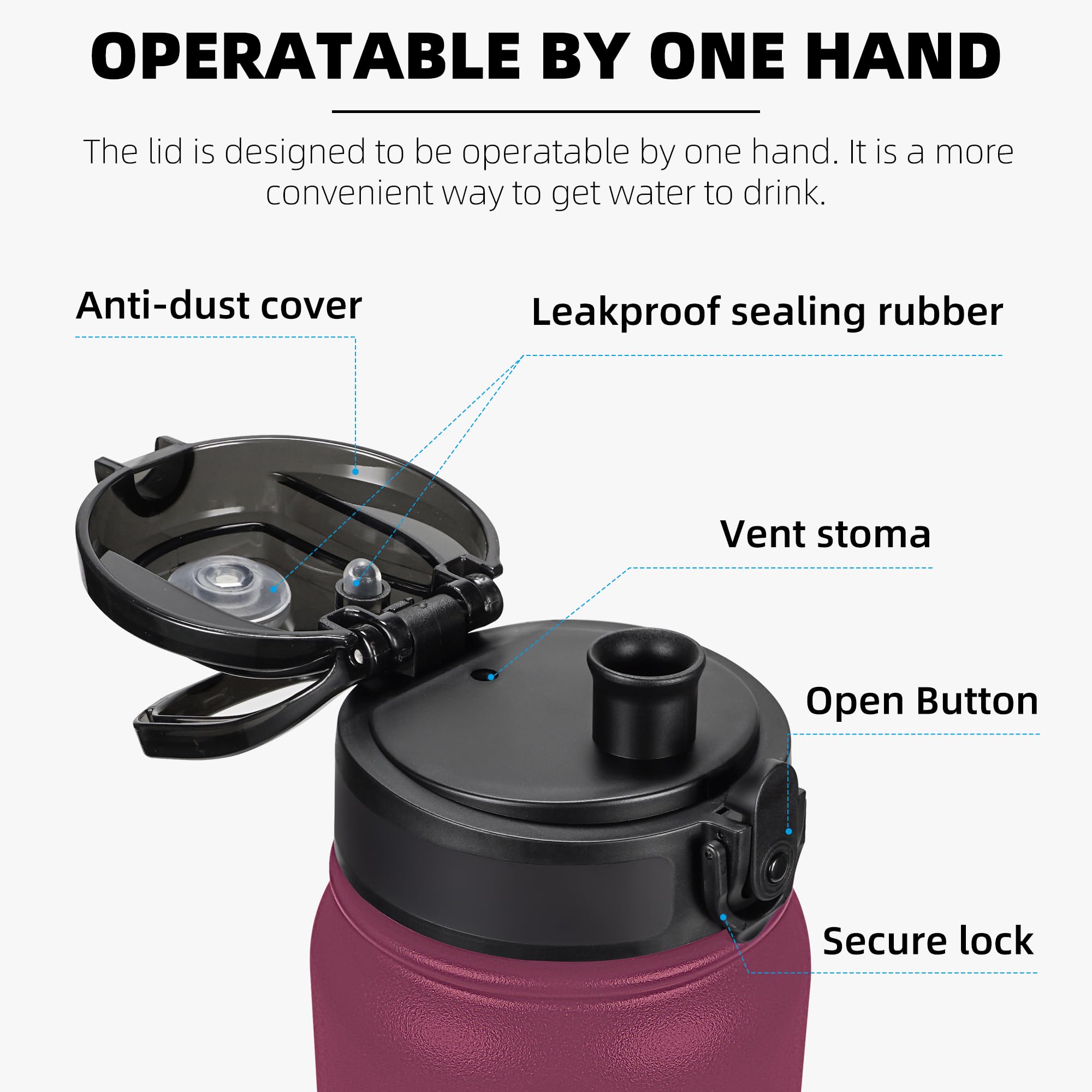 Fanhaw 1 L Insulated Stainless Steel Water Bottle with 1 Lid (Chug Lid) - for Kids Women, Men, Red Black, 950 ml - Image 2