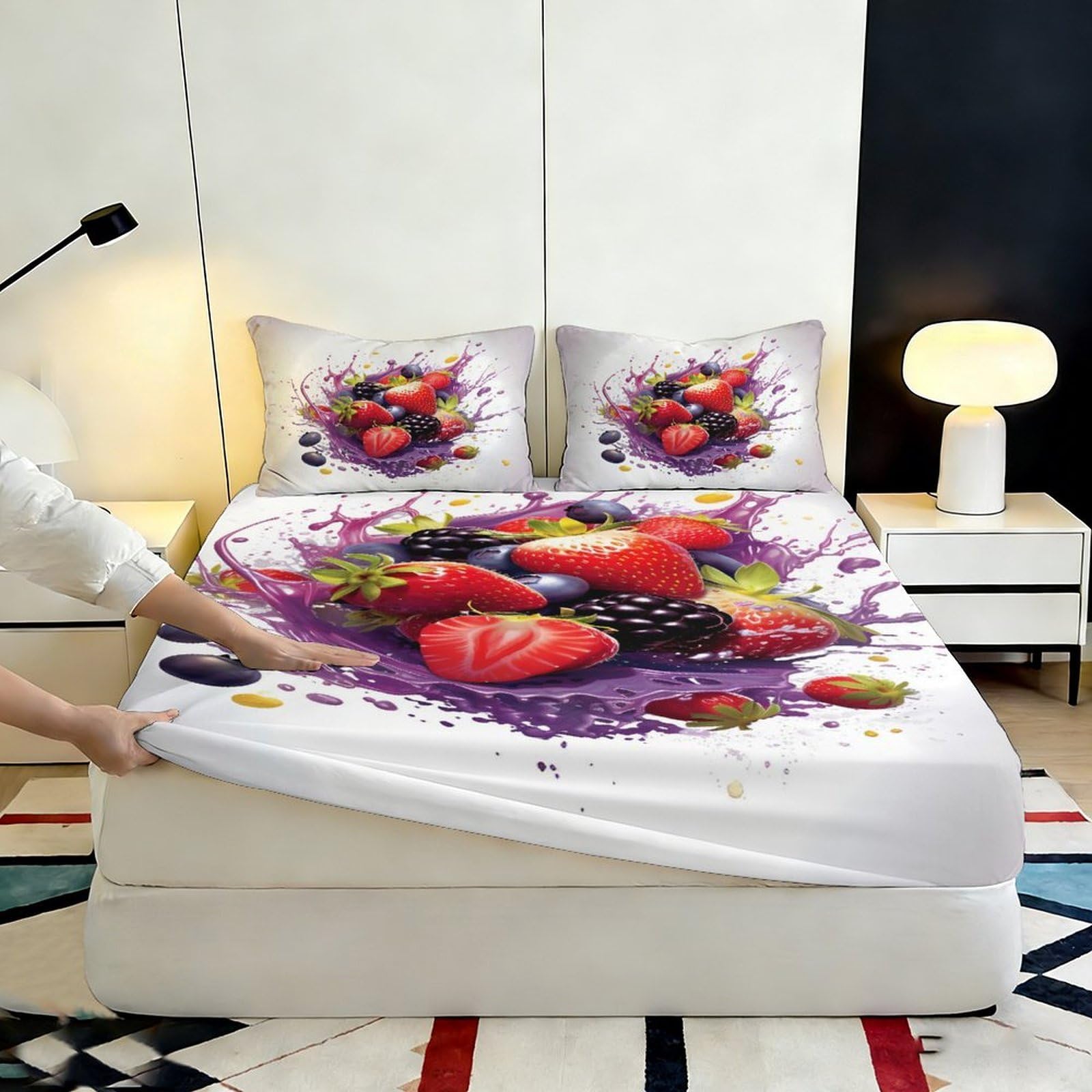 Lenzuolo con angoli con stampa 3D, motivo bacche, in microfibra, antiscivolo | morbido, coprimaterasso, facile da pulire, traspirante, lavabile in lavatrice, 180 x 200 x 25 cm