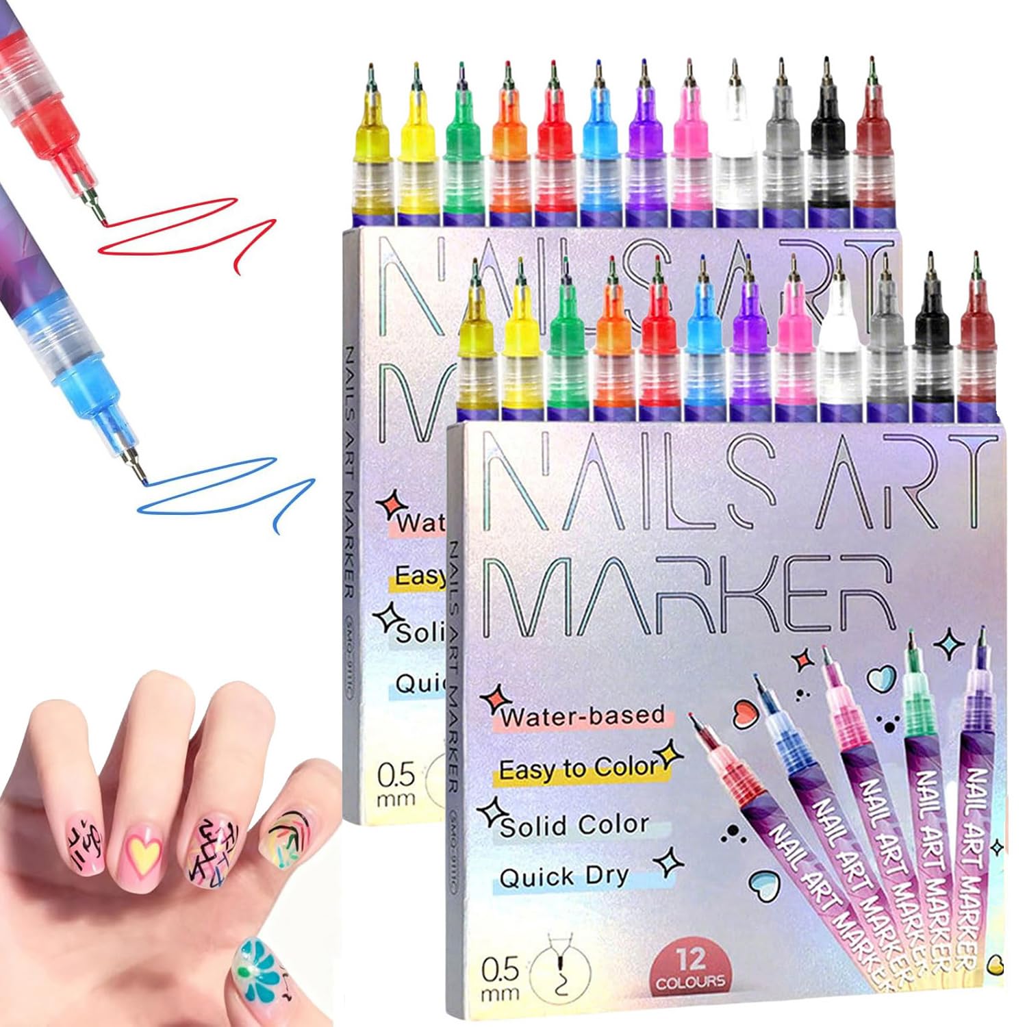12 Colors Nail Art Pens Set, New Nail Art Markers for Gel Nails, DIY Nail Art Pens for Painting Nails, Waterproof and Quick-drying Nail for DIY Nails Art Design Manicure Tools (2 Set)