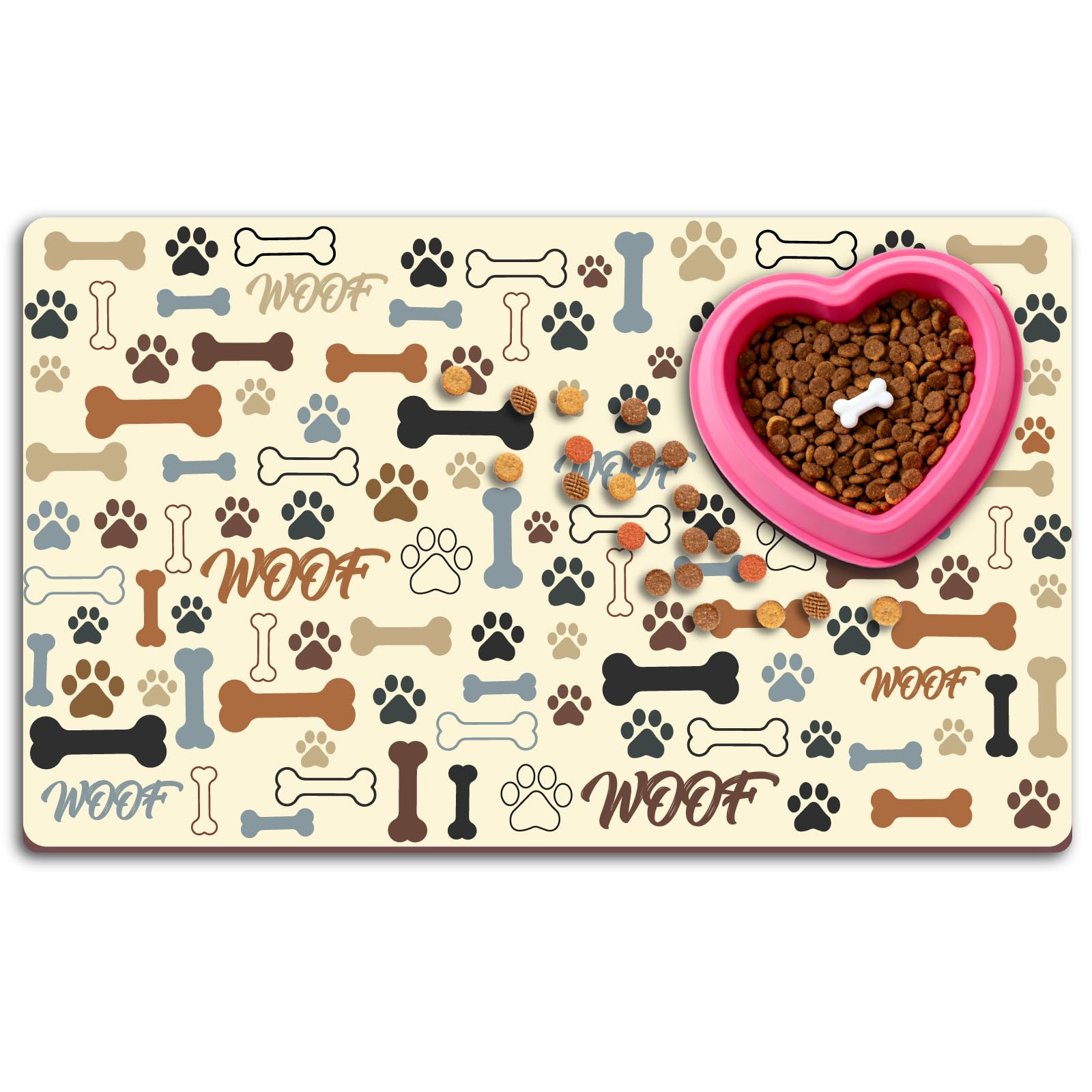 PRESSINART Cute Dog Food Mat 20 x 12 Inch Paw Print Bones Pattern Non Slip Design, Dog Feeding Mat Absorbent Quick Dry Washable Bowl Placemat Rug Protect Floors for Cat Pet Food Water Area Home Use