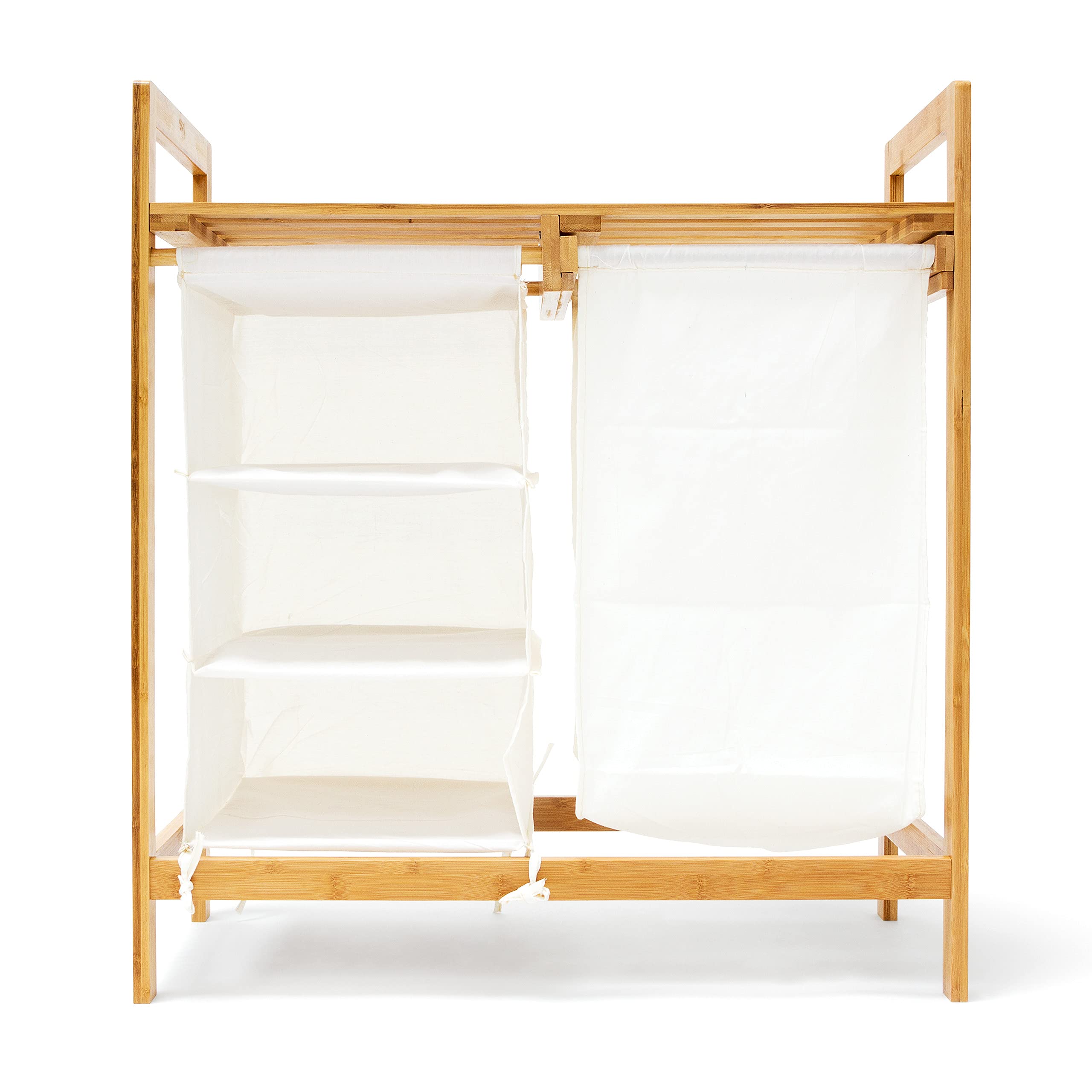 Relaxdays Scaffale Portabiancheria Linea, HLP: 77x69,5x36 cm, 40 Litri, 2 Ripiani Portaoggetti e 3 Scomparti, Naturale, Bambú, Marrone, 36x69.5x77 cm