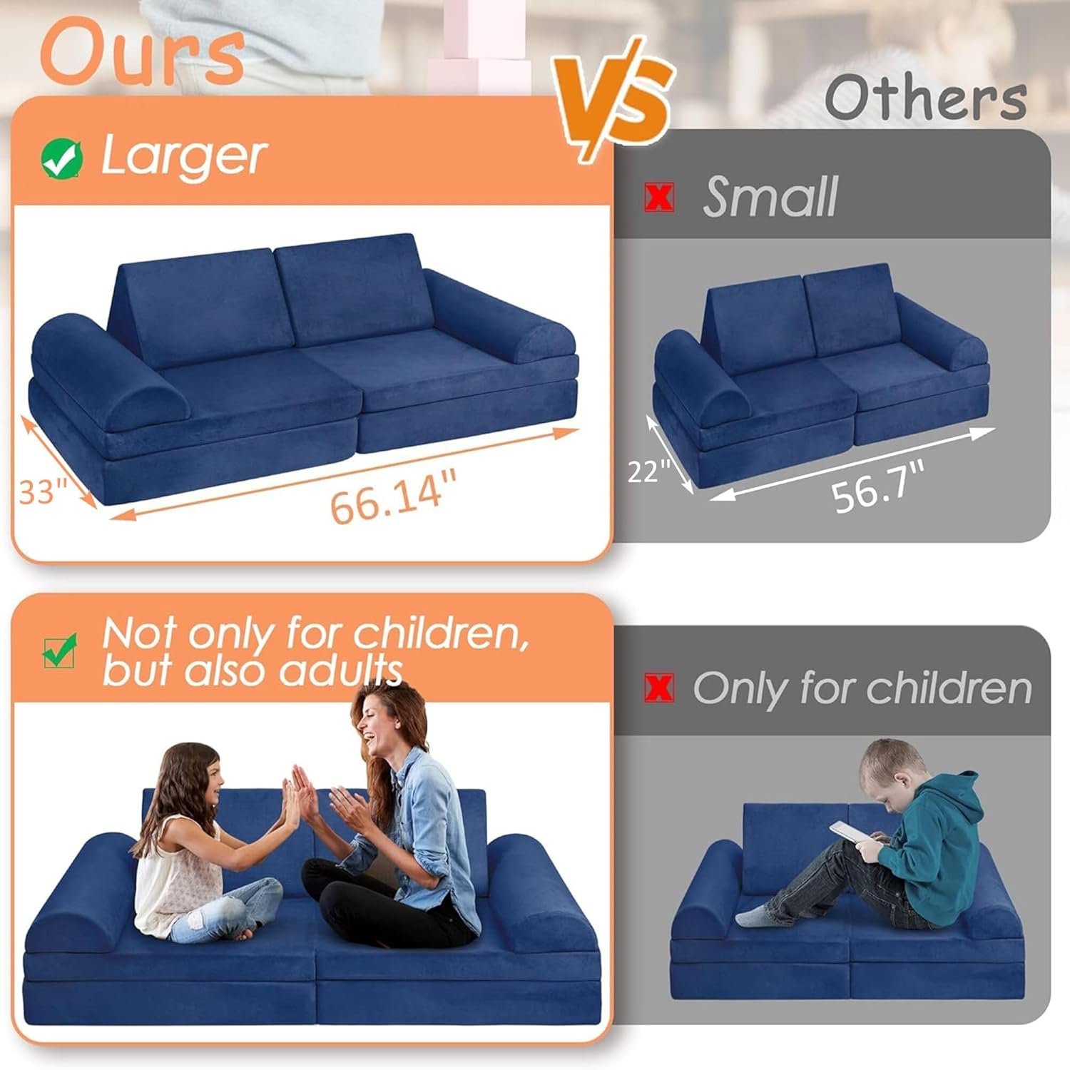 Betterhood Large Imaginative Play Couch Sofa for Kids - Creative Furniture Play Set for Bedrooms, Playrooms, Toddler to Teen - Blue