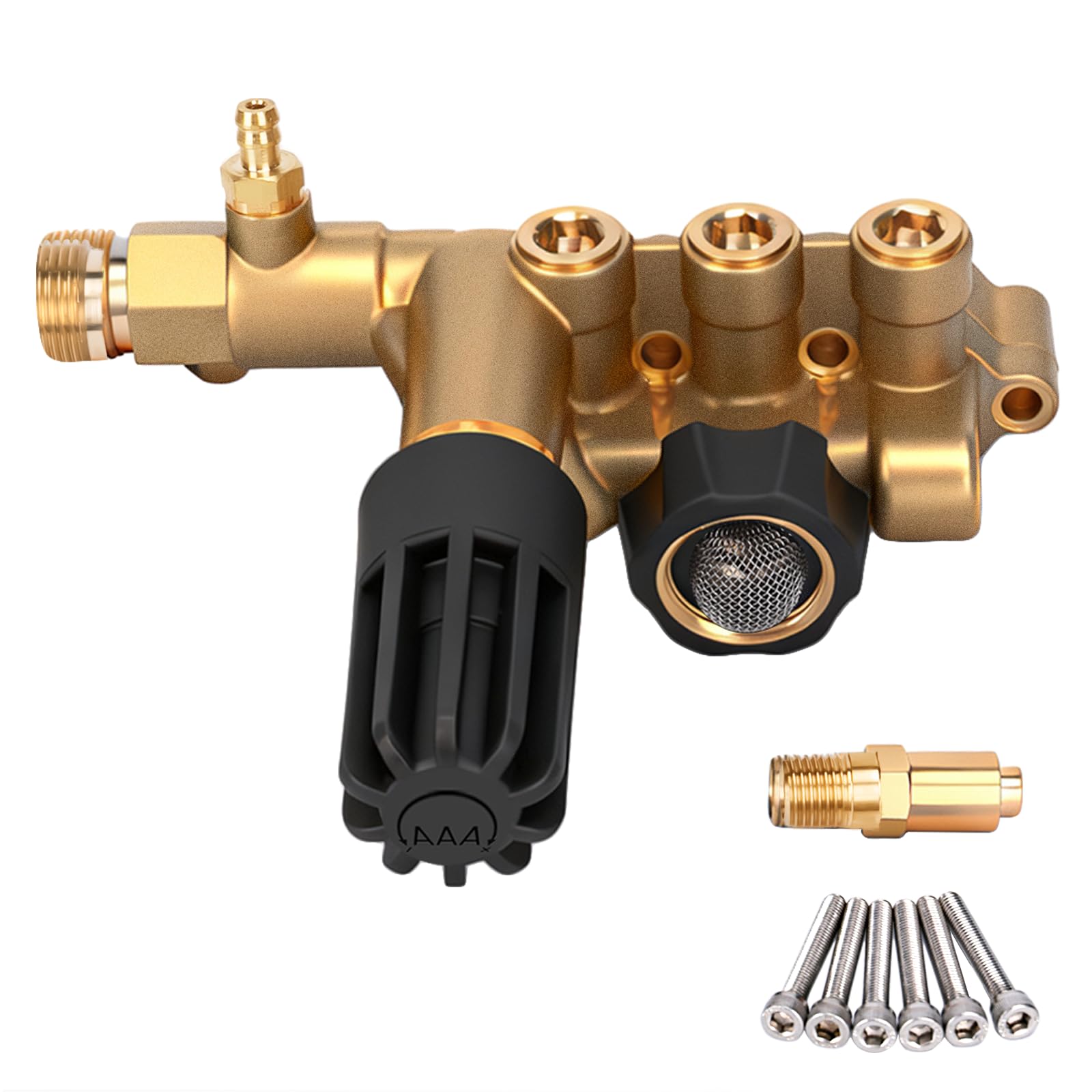 Photo 1 of konzition Premium 7108746 AAA Pump Manifold Replacement Kit for AAA Pressure Washer Pump Model Numbers 530008, 530009, 530016, Heavy Duty 7108746 Manifold Kit with Hardware, Gold - Easy to Install