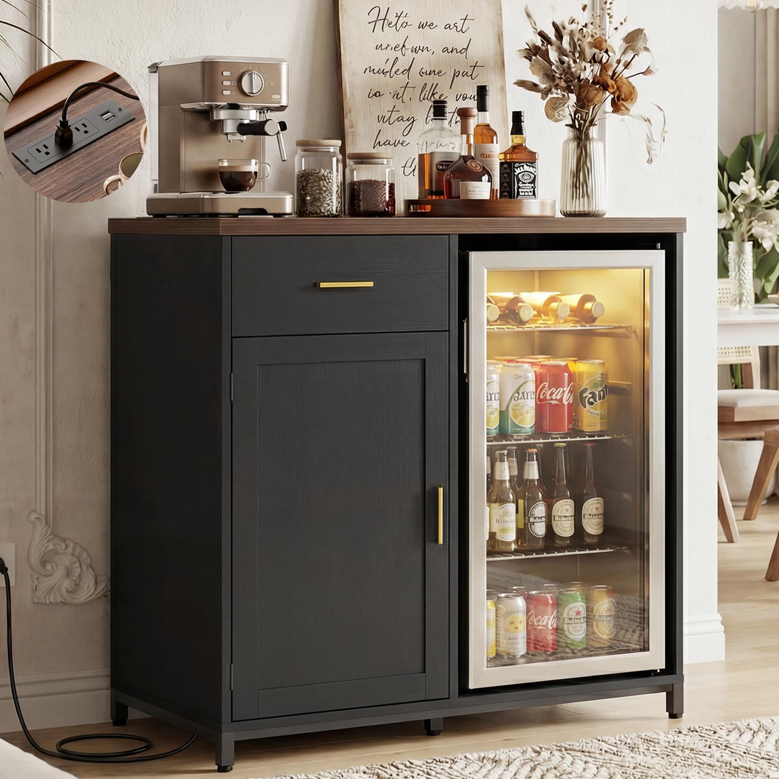 Unikito Coffee Bar Cabinet with Mini Fridge Space &amp; Power Outlet, Black
