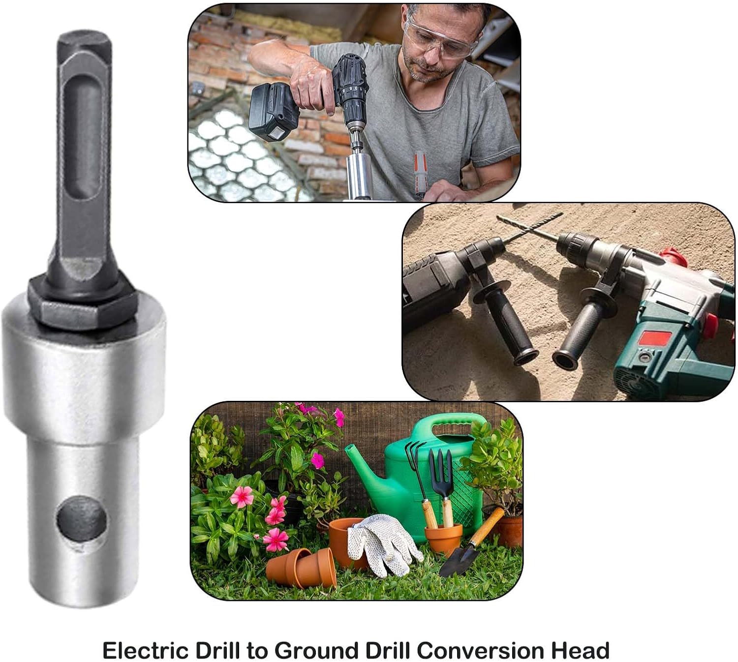Round Shank Garden Earth Auger Drill Adapter,Electric Drill to Ground Drill Conversion Head,2 Slots and 2 Pits,for Cordless Drill, SDS Plus,SDS Rotary Hammer Drill,Concrete Drill（Square Handle）