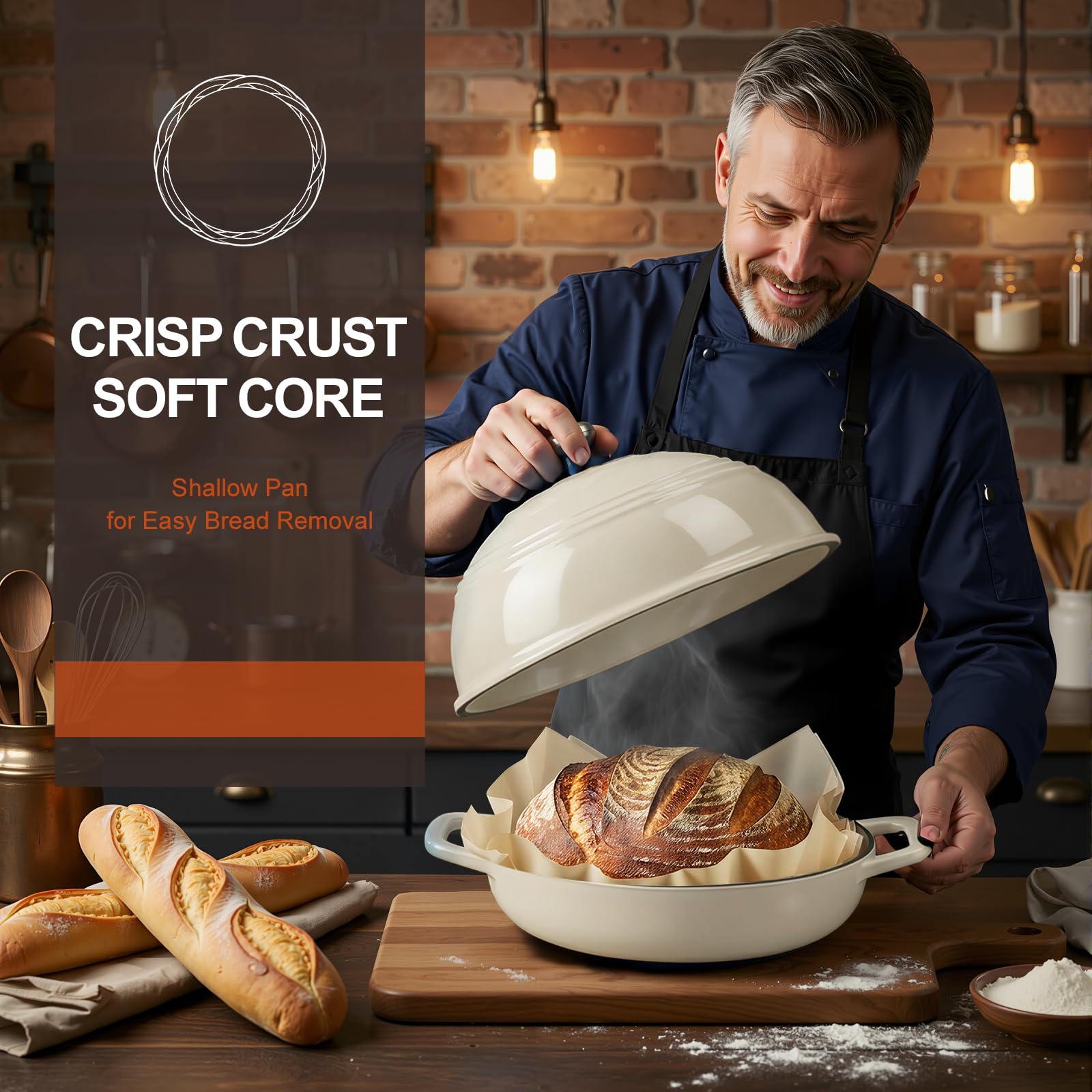 Overmont Olla de hierro fundido esmaltado para Hornear pan - 5.7L Olla holandesa Cacerola con tapa y libro de recetas - Apta para cocina, hornear, estofar y asar - Blanco
