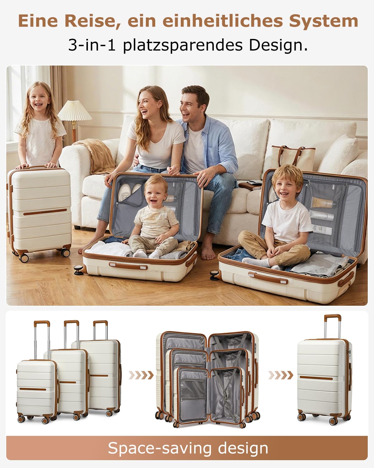 British Traveller Reisekoffer Groß Koffer Trolleys Groß Hartschalenkoffer 100% PP Handgepäck Koffer mit 8 Spinnerräder Rollkoffer 76 * 49.2 * 31cm Suitcase TSA-Schloss Neu Beige