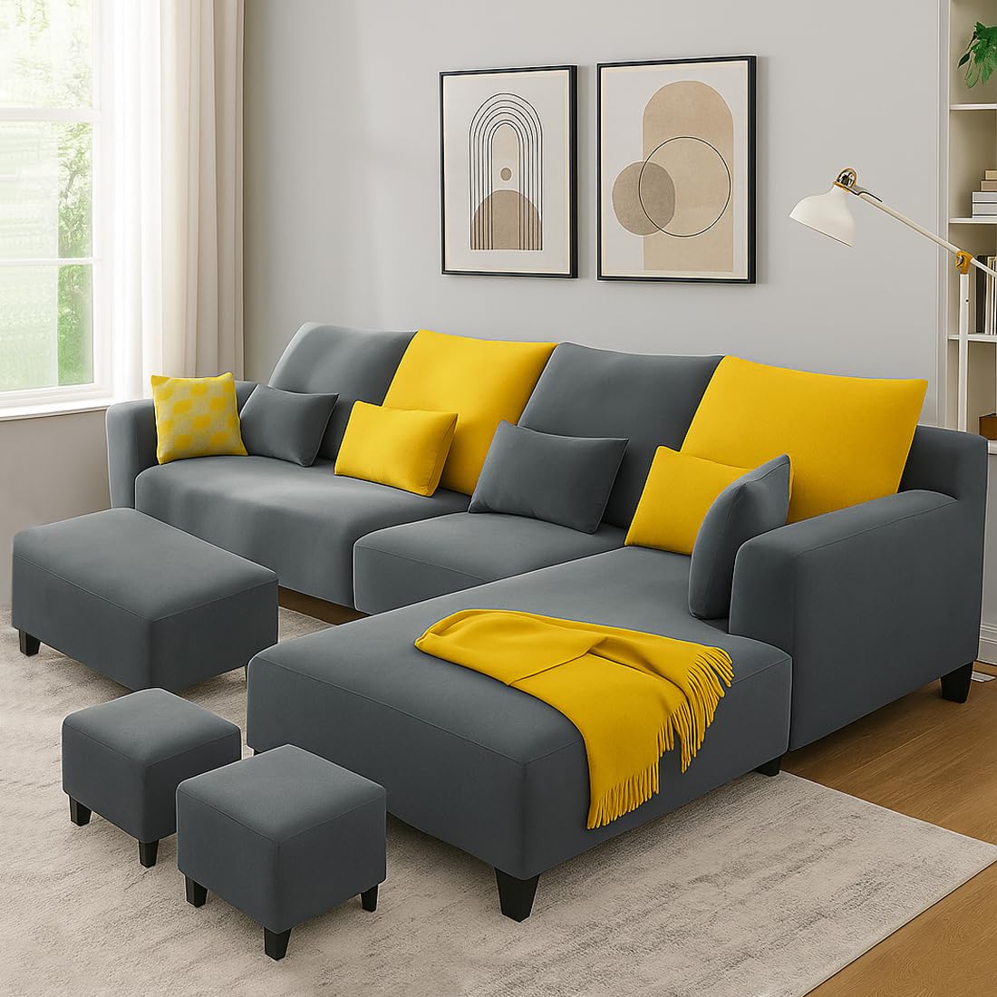 FURNY Mintora 8 Seater Fabric RHS L Shape Sofa Set with 1 Centre Table & 2 Puffys (Dark Grey) with Extra Cushions | Premium Velvet Finish | Ideal for Living Room FURNY Mintora 8 Seater Fabric RHS L Shape Sofa Set with 1 Centre Table & 2 Puffys (Dark Grey) with Extra Cushions | Premium Velvet Finish | Ideal for Living Room