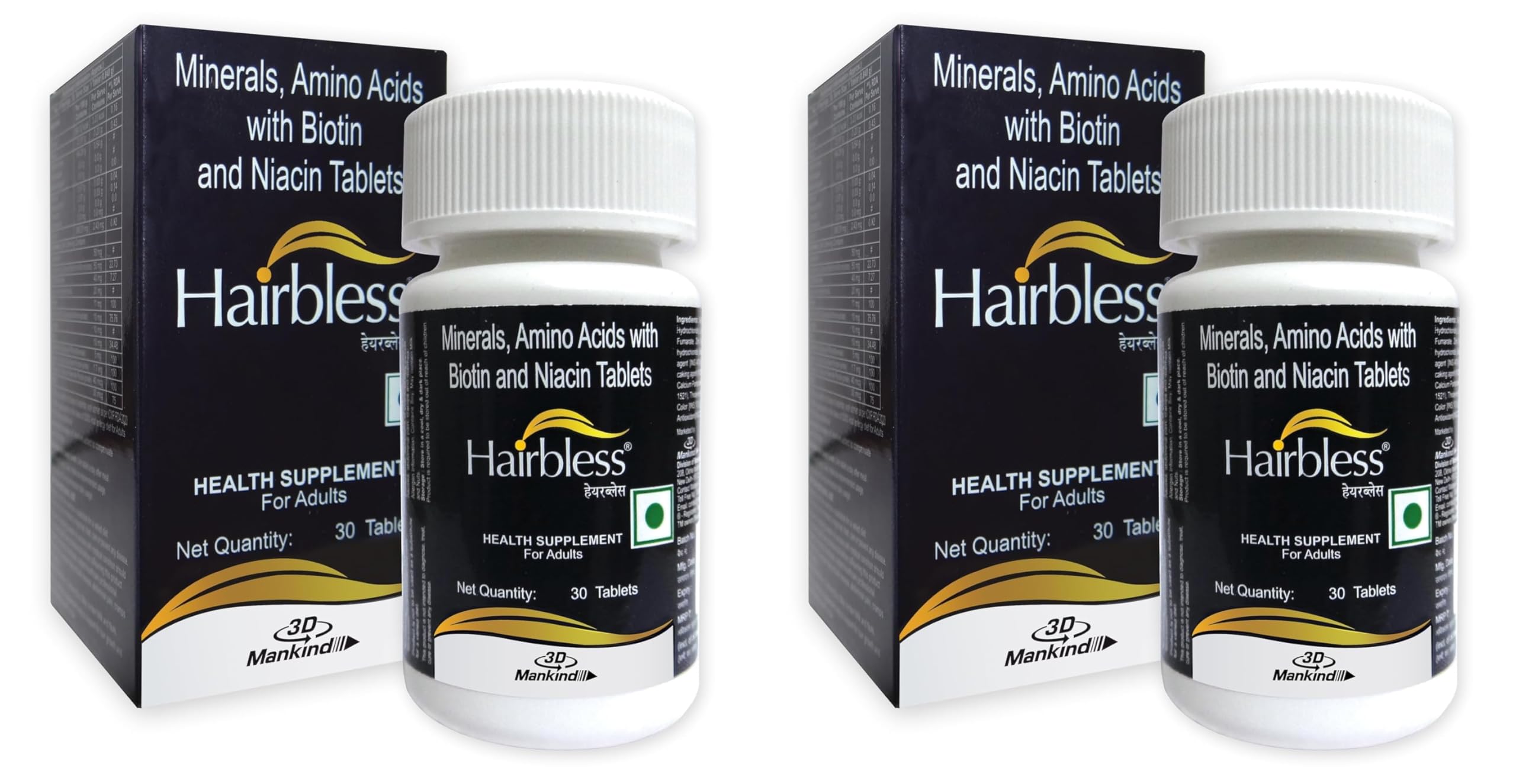Hairbless Mankind Hair Supplement | With Biotin And Niacin | Gluten Free | Amino Acid, Minerals And Vitamins | Enriched With L-Cystiene | 30 Tablets x 2