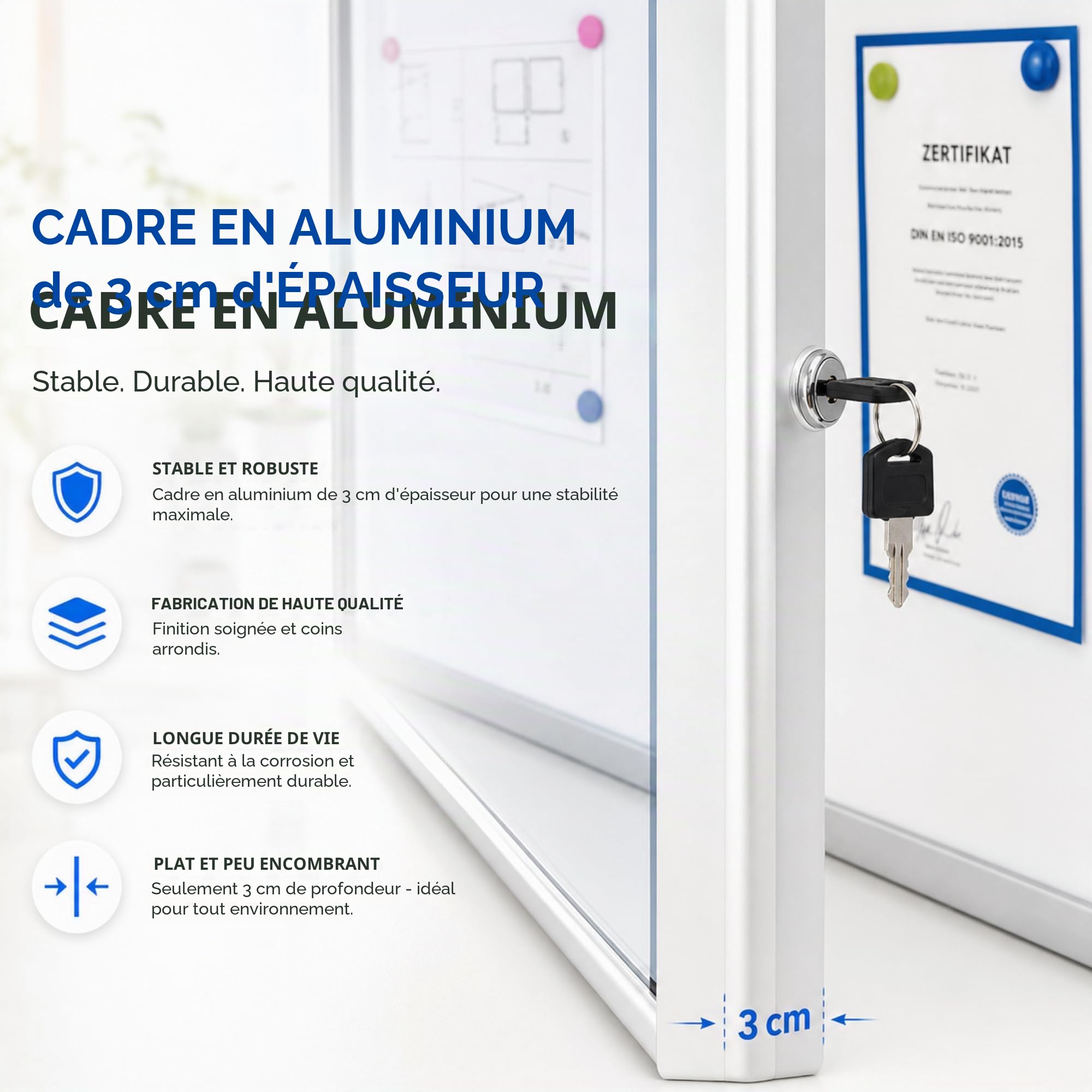 Floordirekt | Panneau d'affichage en aluminuim, vitrine d'affichage avec serrure à clé | Panneau arrière magnétique - Porte avec serrure - Cadre en aluminium | 24 aimants inclus| 9 x A4
