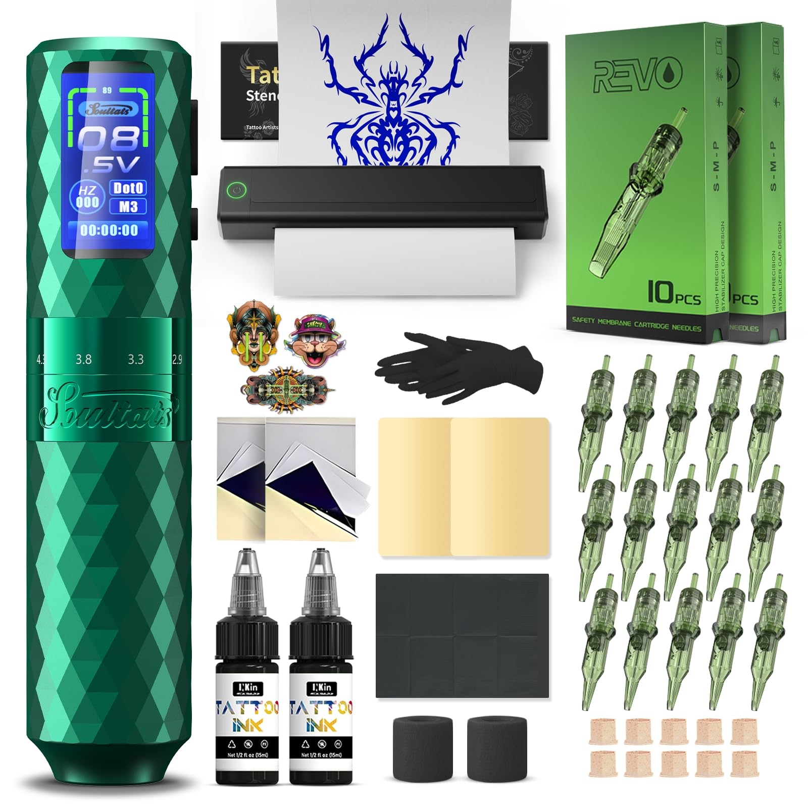 Kit Tatuaje Inalambrico Maquina Tatuar 6 Strokes 2.5-4.8mm 1600mAh Bateria con Impresora Bluetooth Tinta Agujas para Tatuadores