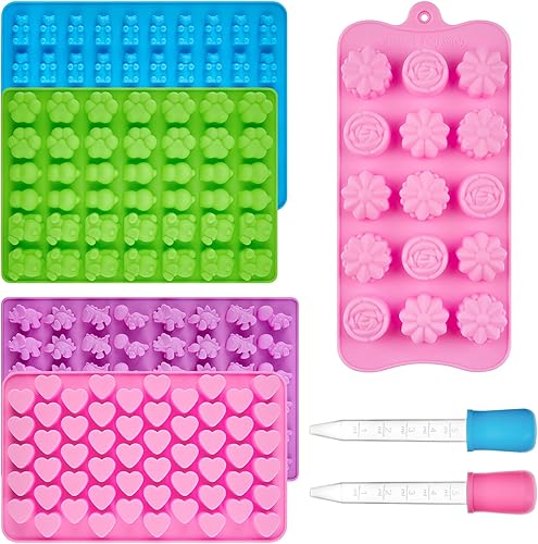 Miniatura 7 de Moldes de caramelo de goma con 2 goteros, los moldes de silicona incluyen oso, dinosaurio, corazón, flor, pata, 5 piezas, 210 cavidades