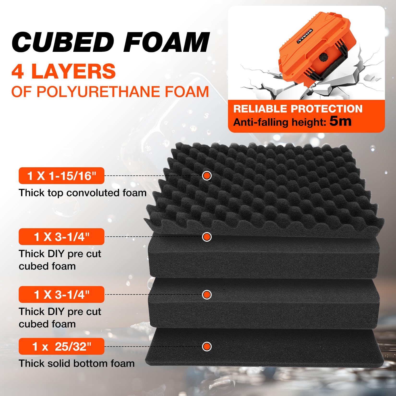 Shall Universal Hard Camera Case (Large), Waterproof, Dustproof and Shockproof Protective Case with Customisable Foam Lining, Suitable for Cameras, Lenses and Electronic Devices, Orange