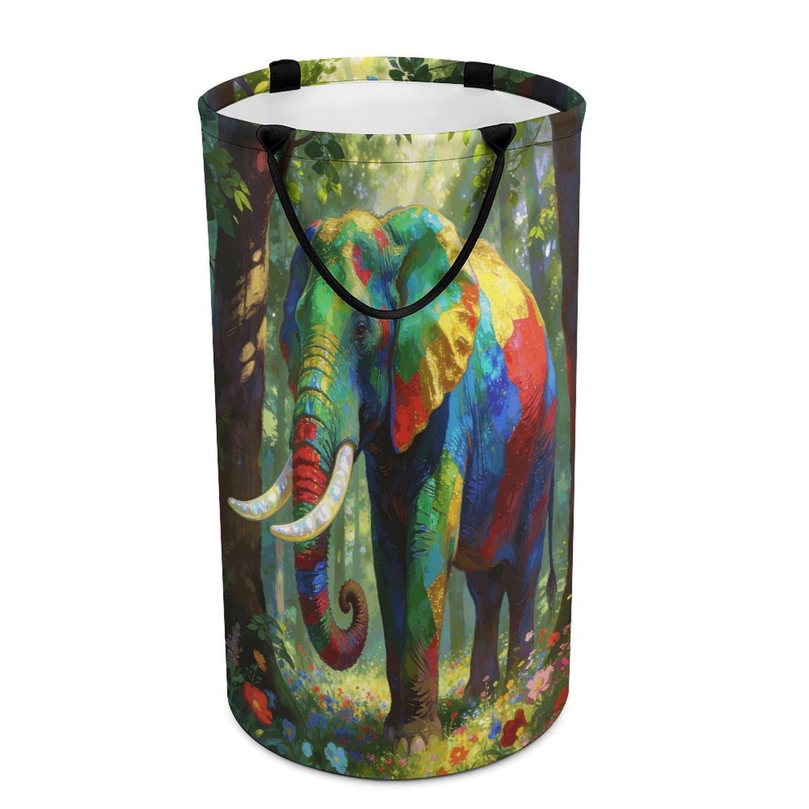 Colorful Forest Elephant Laundry Hamper 86L Waterproof Collapsible Clothes Basket with Double Handles Freestanding Foldable Laundry Basket Large Clothes Hamper for Bathroom