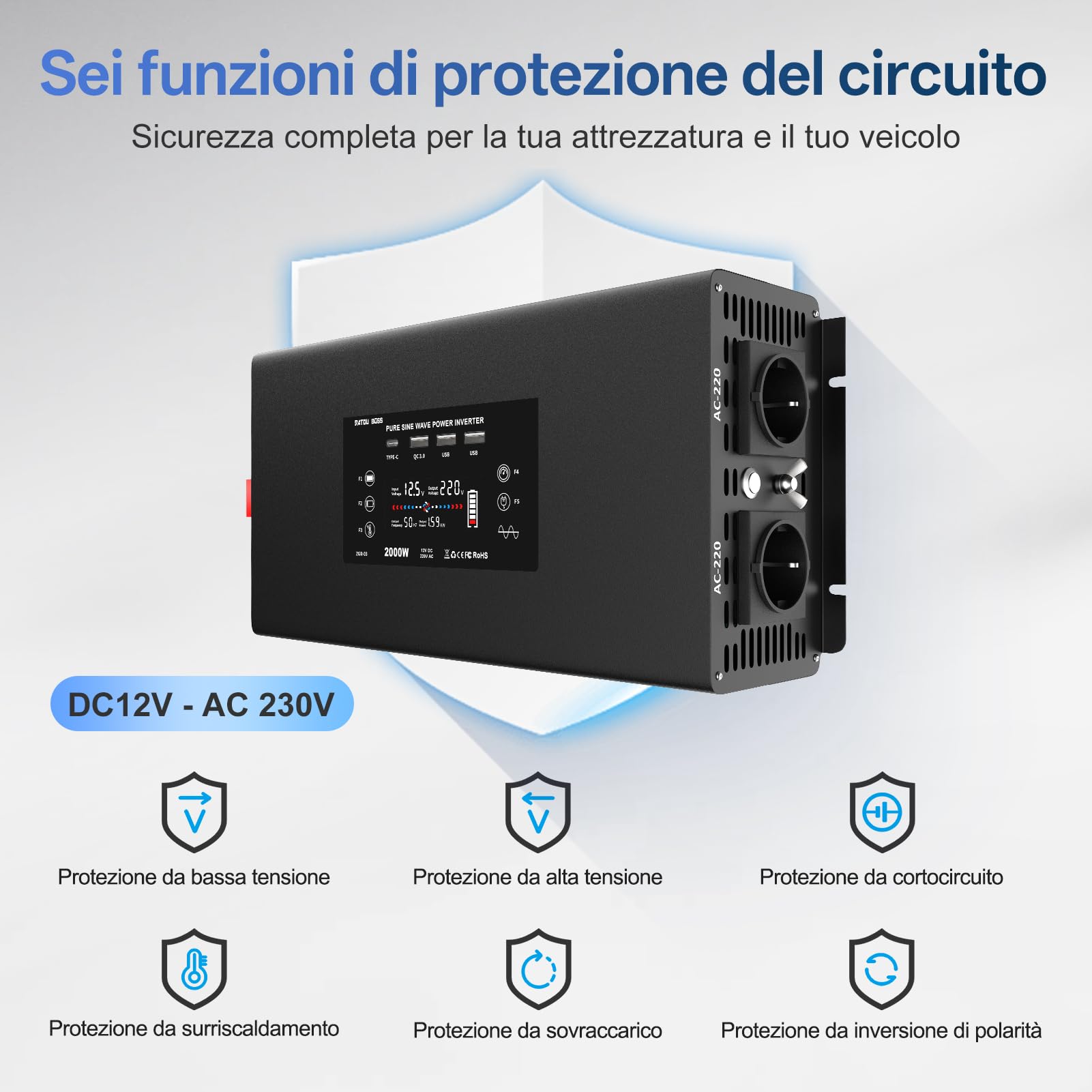 DATOUBOSS Inverter 12V 220V/230V Onda Pura 2000W Convertitore con Telecomando 2 Prese EU USB QC3.0 Type-C Display LCD