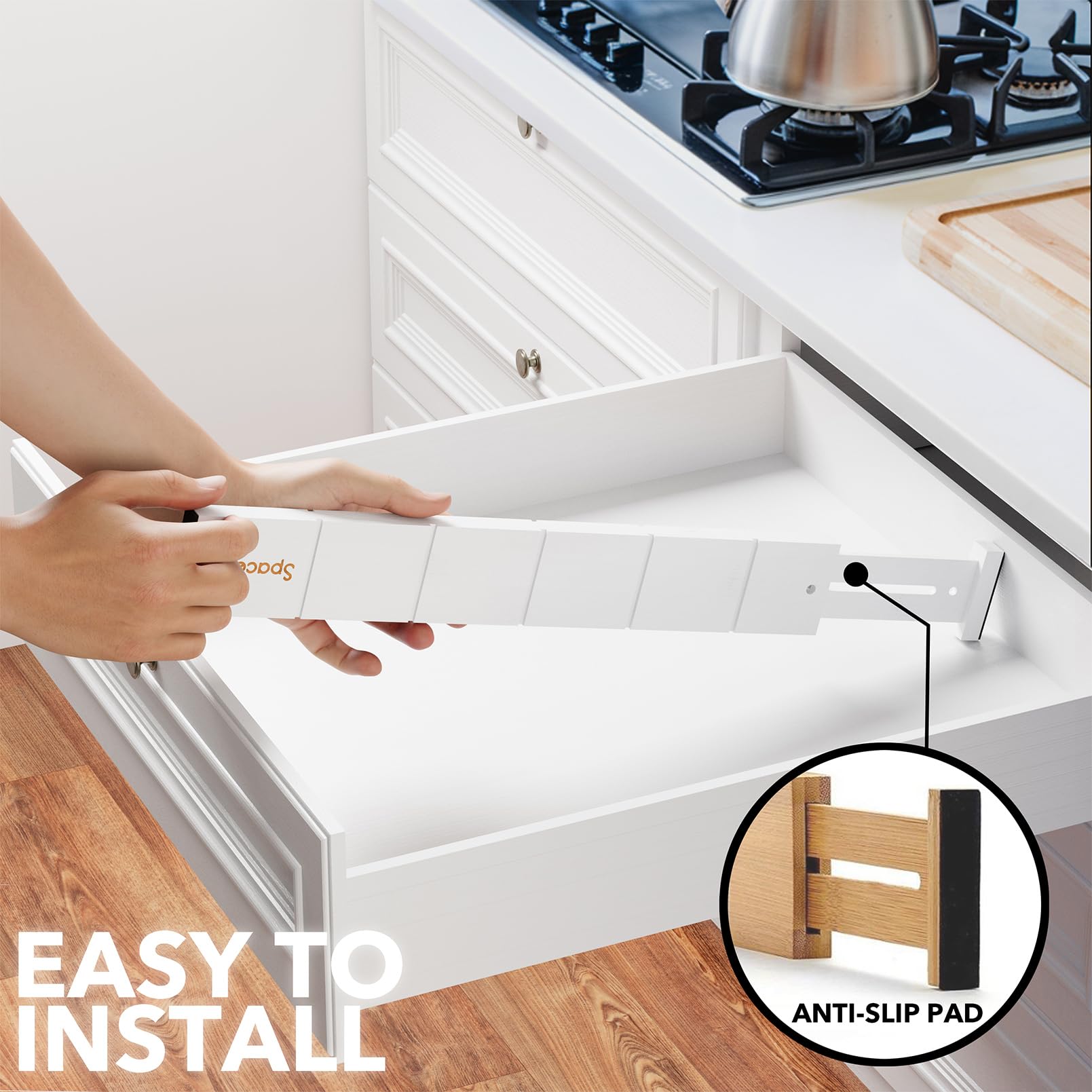 SpaceAid Divisori per cassetti in bambù, con inserti ed etichette, organizer regolabili per la casa, per i cassetti di cucina o ufficio, 10 divisori con 24 inserti (43-56 cm, bianco)