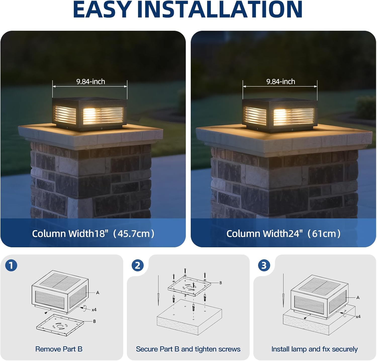 Solar Post Lights, 9.84" Modern Pillar Lights Waterproof, Glass Outdoor Column Light Solar Powered, Landscape Pillar Lamp Dusk to Dawn 3000K Lighting for Patio Fence Deck Yard Garden Entrance