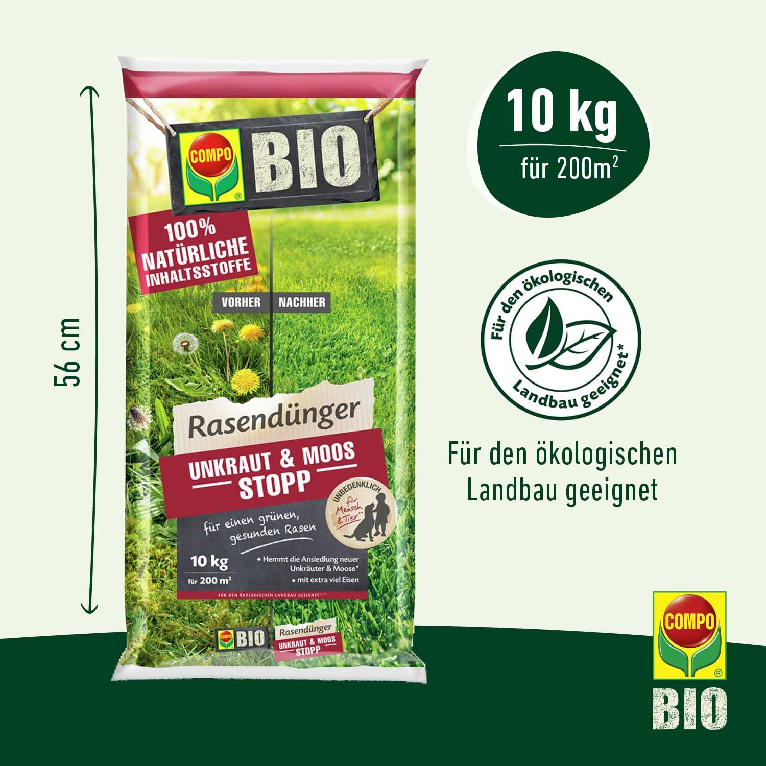 COMPO BIO Rasendünger Unkraut & Moos Stopp - verhindert Ansiedlung von Moos und Unkräutern - 100% natürliche Inhaltsstoffe - 10 kg für 200m²