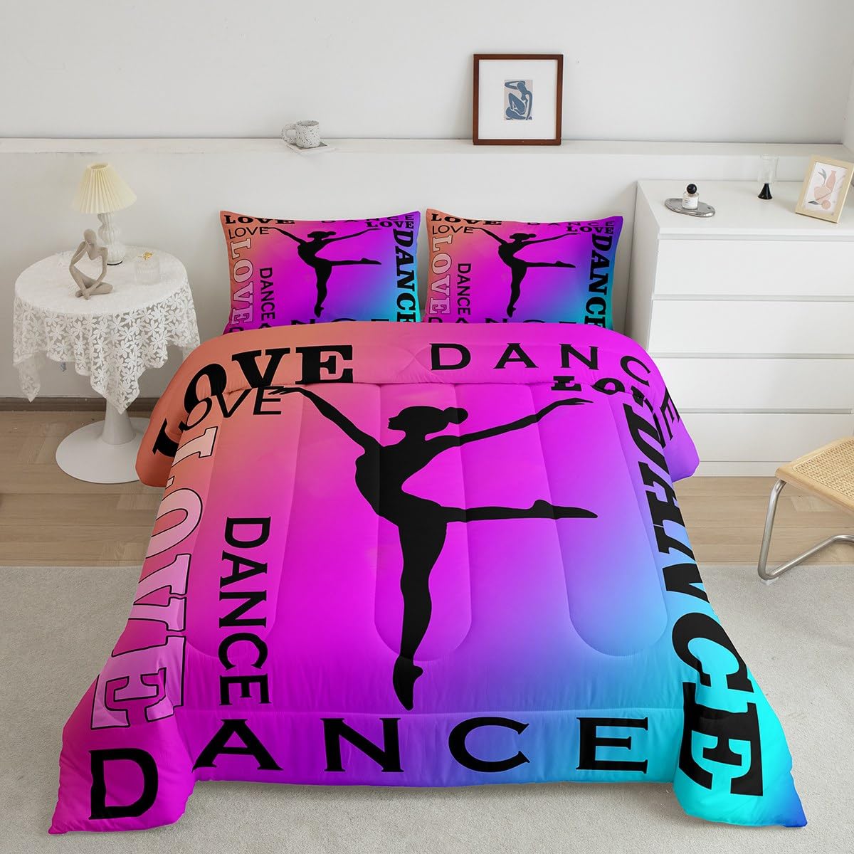 Feelyou Love Ballet Gymnastics Comforter Set for Girls Boys Children Floor Exercises Comforter Decorative Athletics Bedding Set Neon Pink Purple Blue