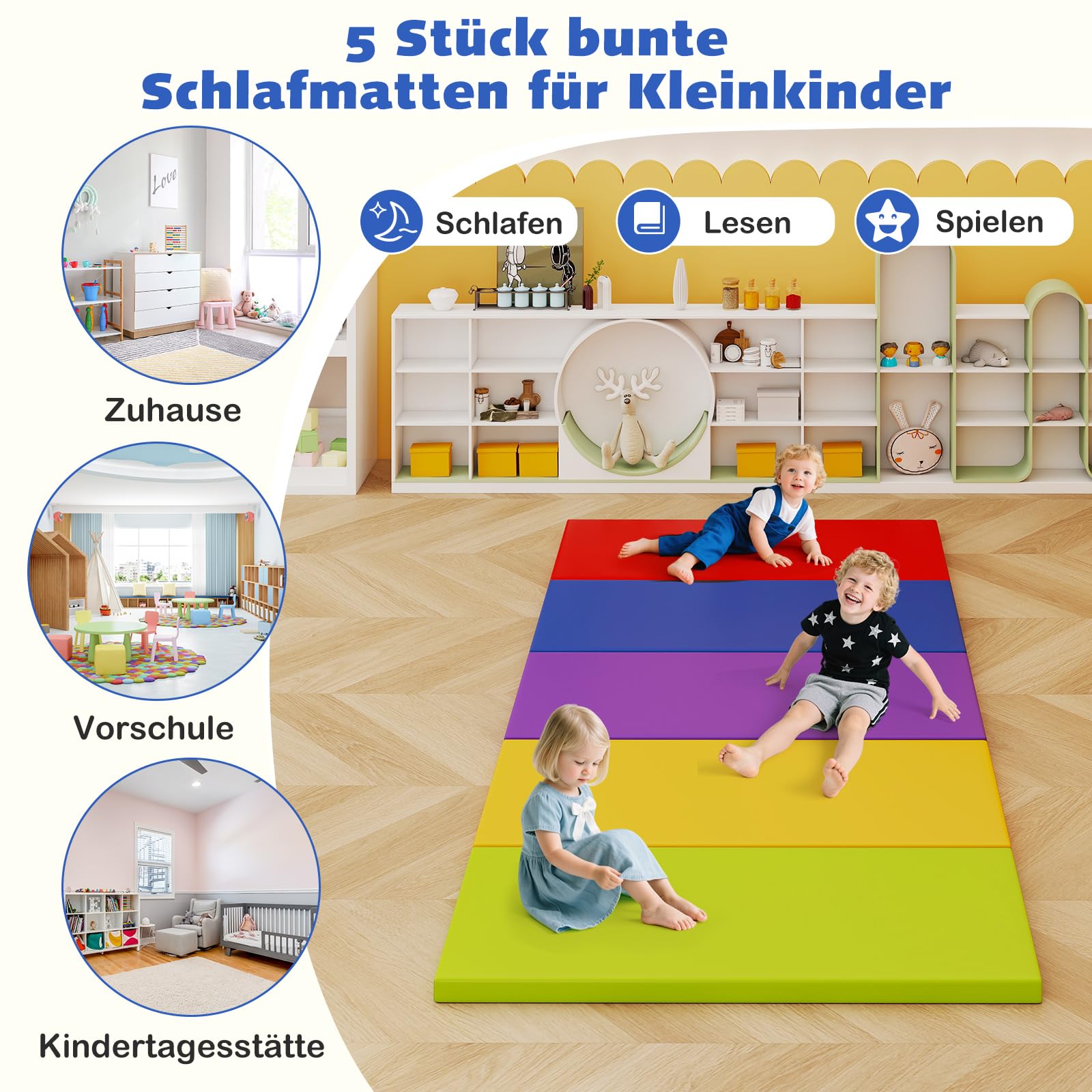 COSTWAY 5 er Set Turnmatte Kinder, 120 x 60cm Weichbodenmatte bunt, Gymnastikmatte aus Kunstleder, tragbar & Stapelbar, Sportmatte Kindermatratze für Zuhause, Kindergarten