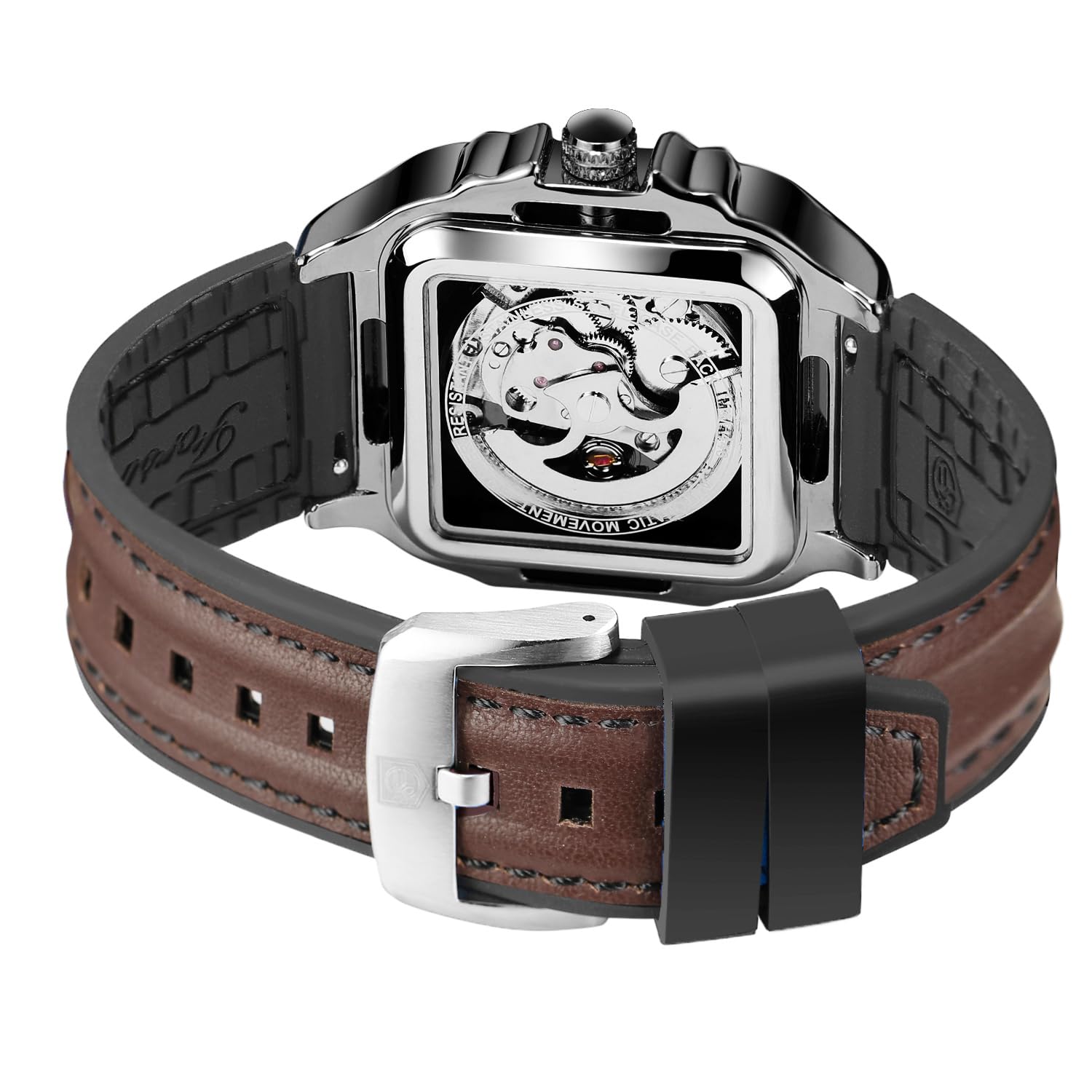 FORSINING Orologio da polso da uomo, in acciaio inox, automatico, con scheletro, quadrato, in silicone, stile retrò