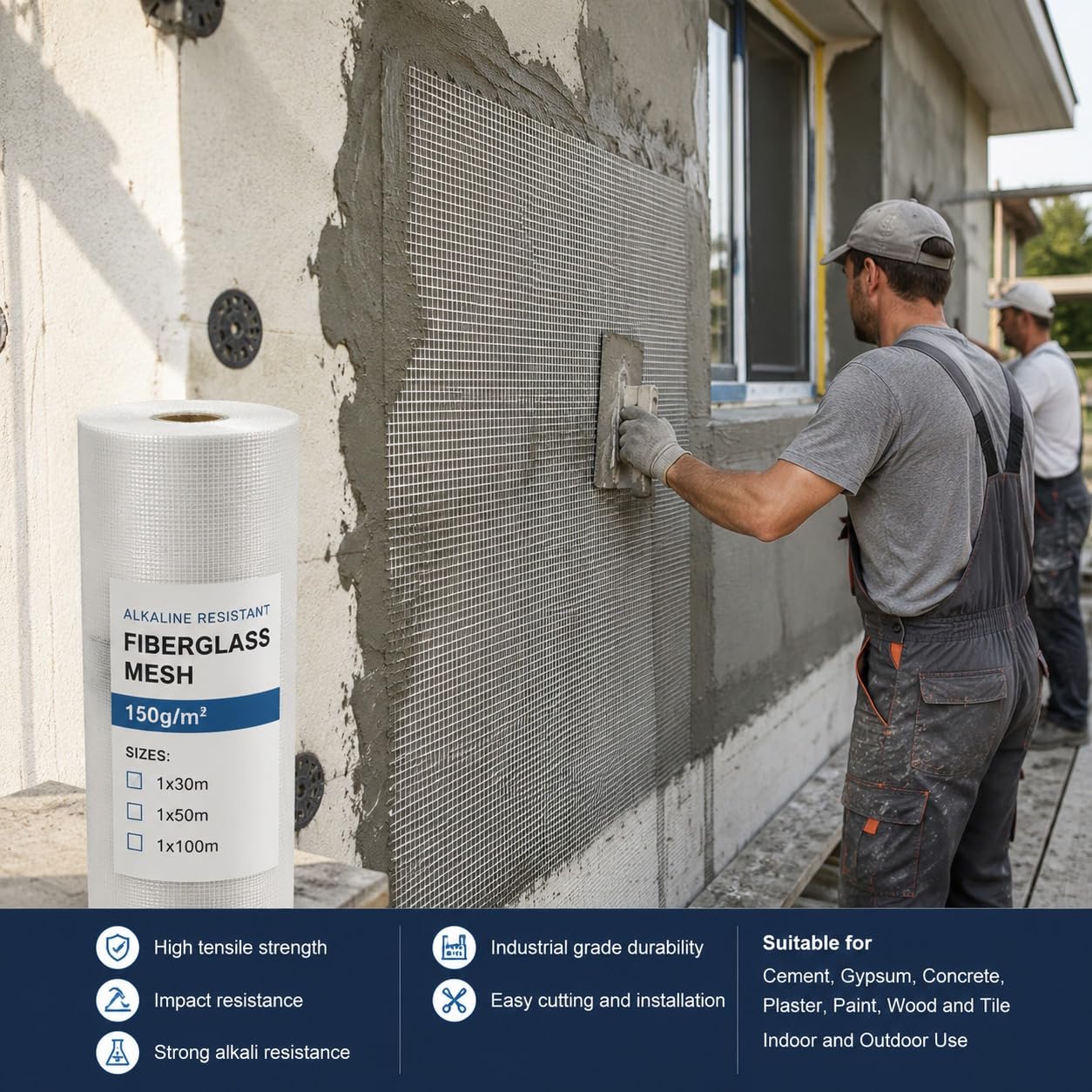 Malla de Fibra de Vidrio de Refuerzo para Impermeabilizar 4x4mm Exterior | Rollo Malla de Refuerzo 150g/m² Impermeabilización y Reparación para Refuerzo de Paredes y Prevención de Grietas