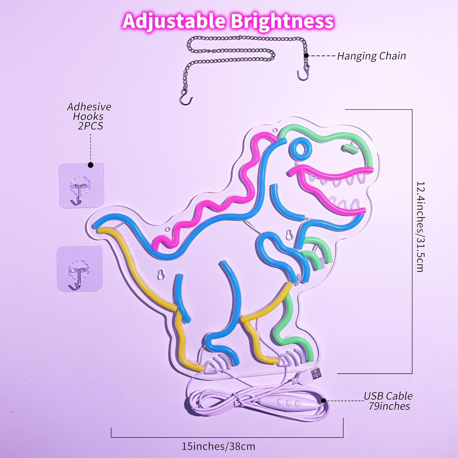 Kids Dinosaur Neon Light - Dimmable LED Decor for Children's Bedroom, Dinosaur Birthday Party Decor, Gift for Boys & Girls Age 5-12, 15x12.4" USB Powered - Image 6