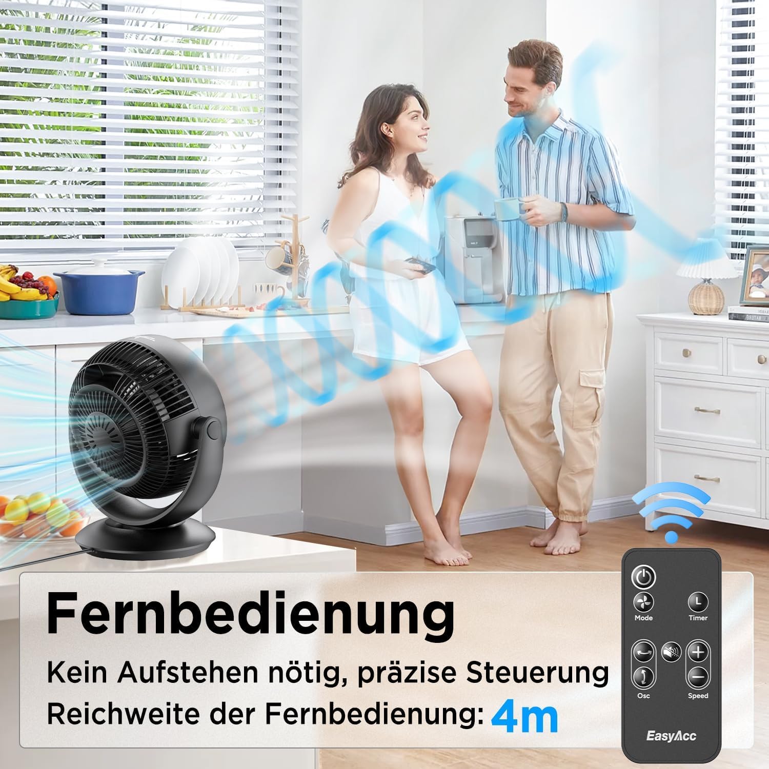 EasyAcc Ventilador de Mesa Circulación de Aire, Potente Silencioso Oscilación Automática 90° Horizontal y Vertical, 3 Velocidades, Temporizador de 2-12 H con Mando para Oficina y Hogar, Negro