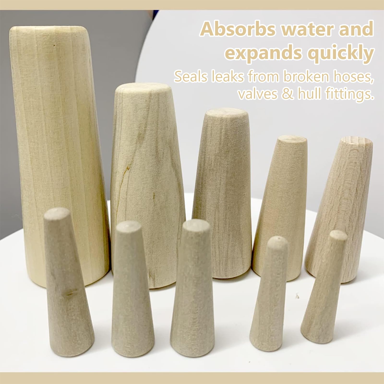 Tappi Conici in Legno per Barca, Set 10 Pezzi, Tappi di Emergenza per Perdite Scafo, Tappi Conici Assortiti per Tubi e Valvole, Legno Morbido ad Espansione Rapida (1/5''–1 3/5'')