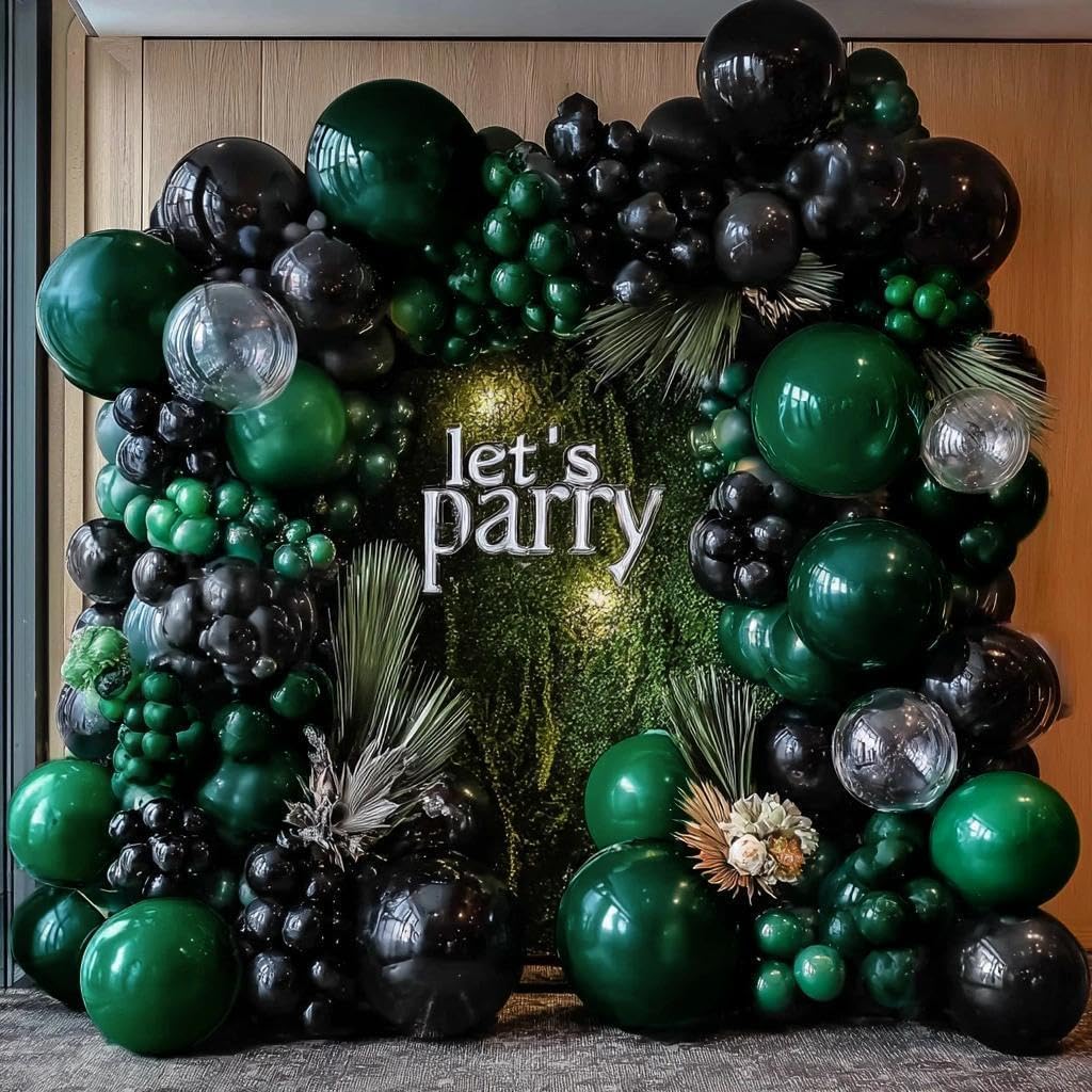 Black Green Balloon Garland Double Stuffed Dark Emerald Green Balloons Clear Bobo Metallic Black Balloon Arch Kit for Graduation Baby Shower Birthday Bridal Shower Graduation Party Decorations