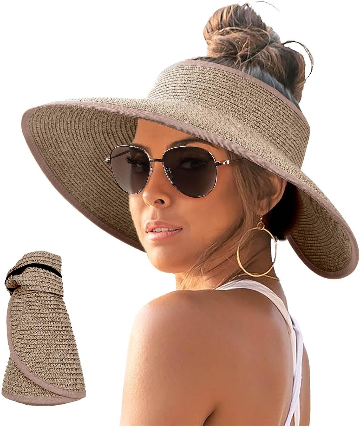 Sun Visor Hats for Women Summer UV UPF50+ Wide Brim Straw Beach Hat Foldable Packable Ponytail Visors for Travel Vacation