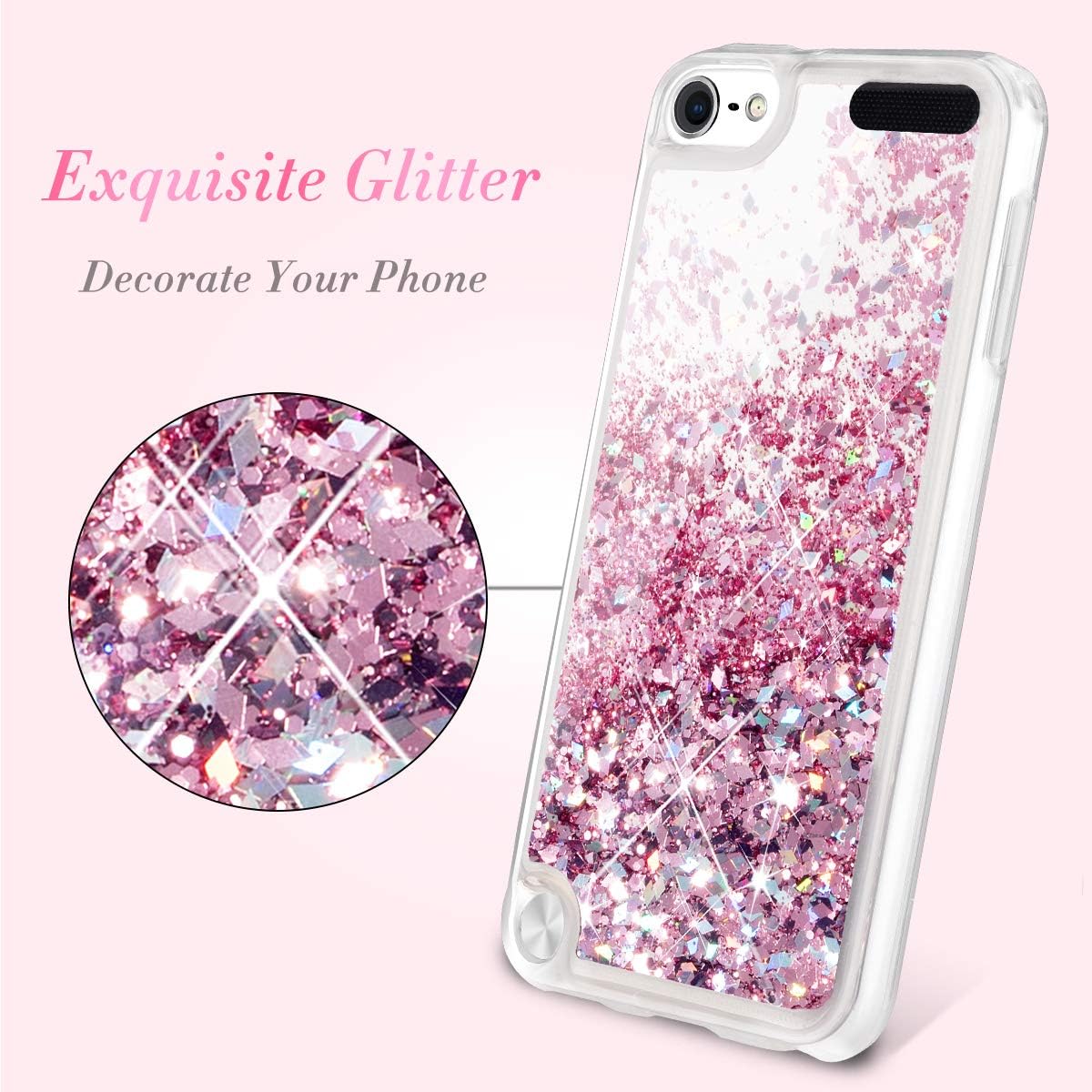iPod Touch 5 6 7 Case, Caka iPod Touch 7th Generation Glitter Case Liquid Series Luxury Fashion Bling Flowing Liquid Floating Sparkle Glitter Girly Soft TPU Case for iPod Touch 5 6 7 (Rose Gold)