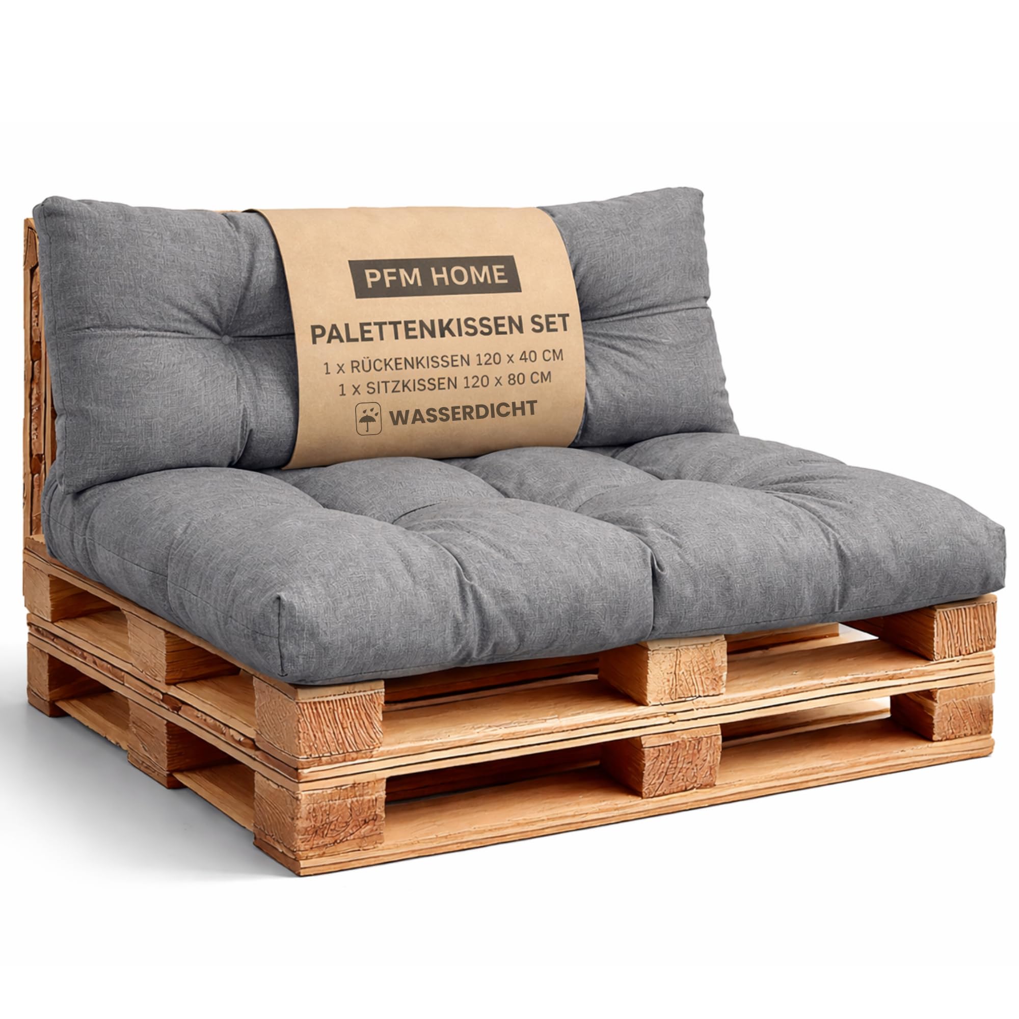 Palettenkissen Outdoor-Kissen Wasserdicht für Palettensofa Palettenmöbel Europaletten - Gartenkissen - 1 x Rückenkissen 120 x 40 cm + 1 x Sitzkissen 120 x 80 cm - Dunkelgrau