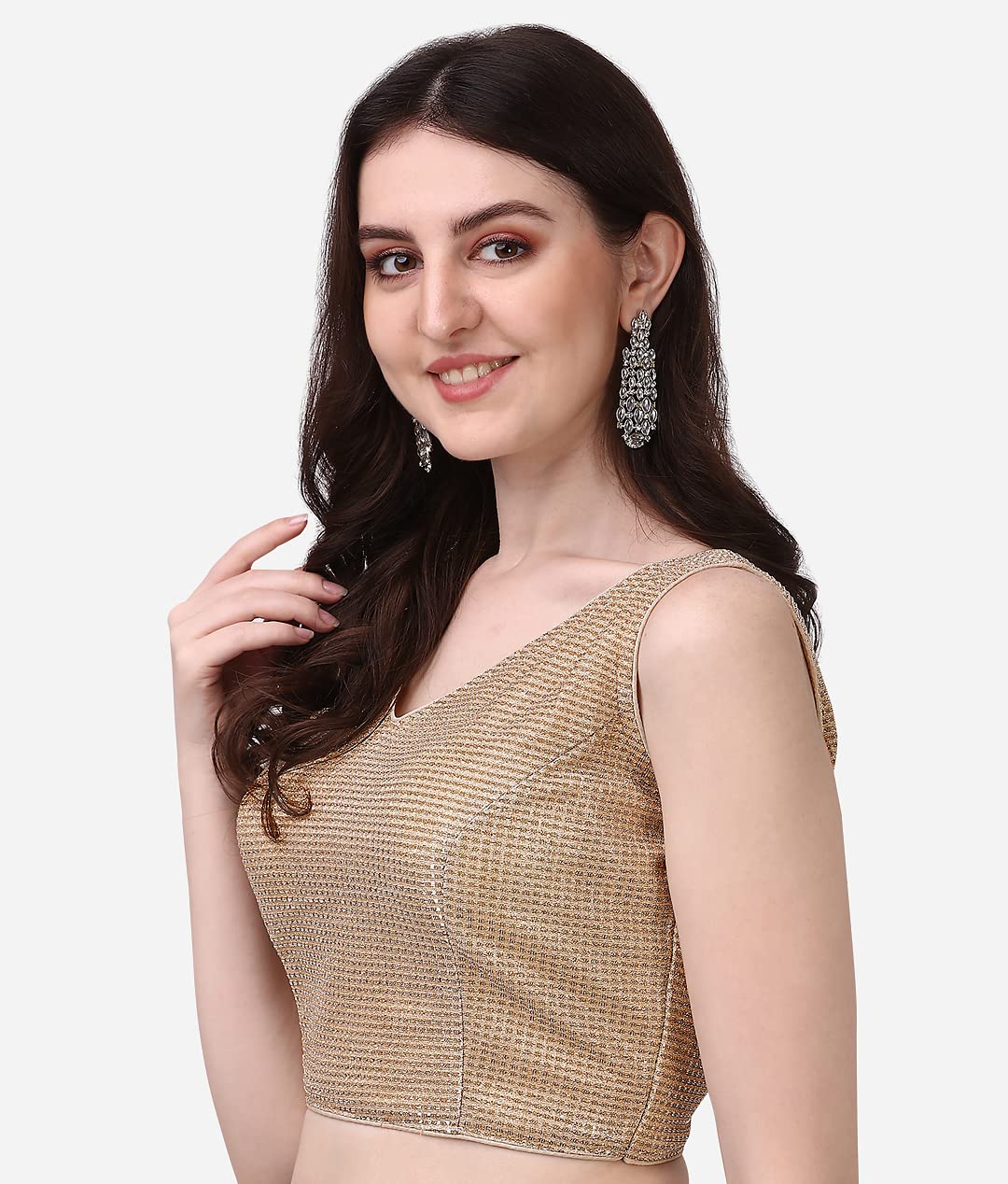 Pujia Mills Womens V Neck Sleeveless Saree Blouse(Gk Bonding Gold_38)