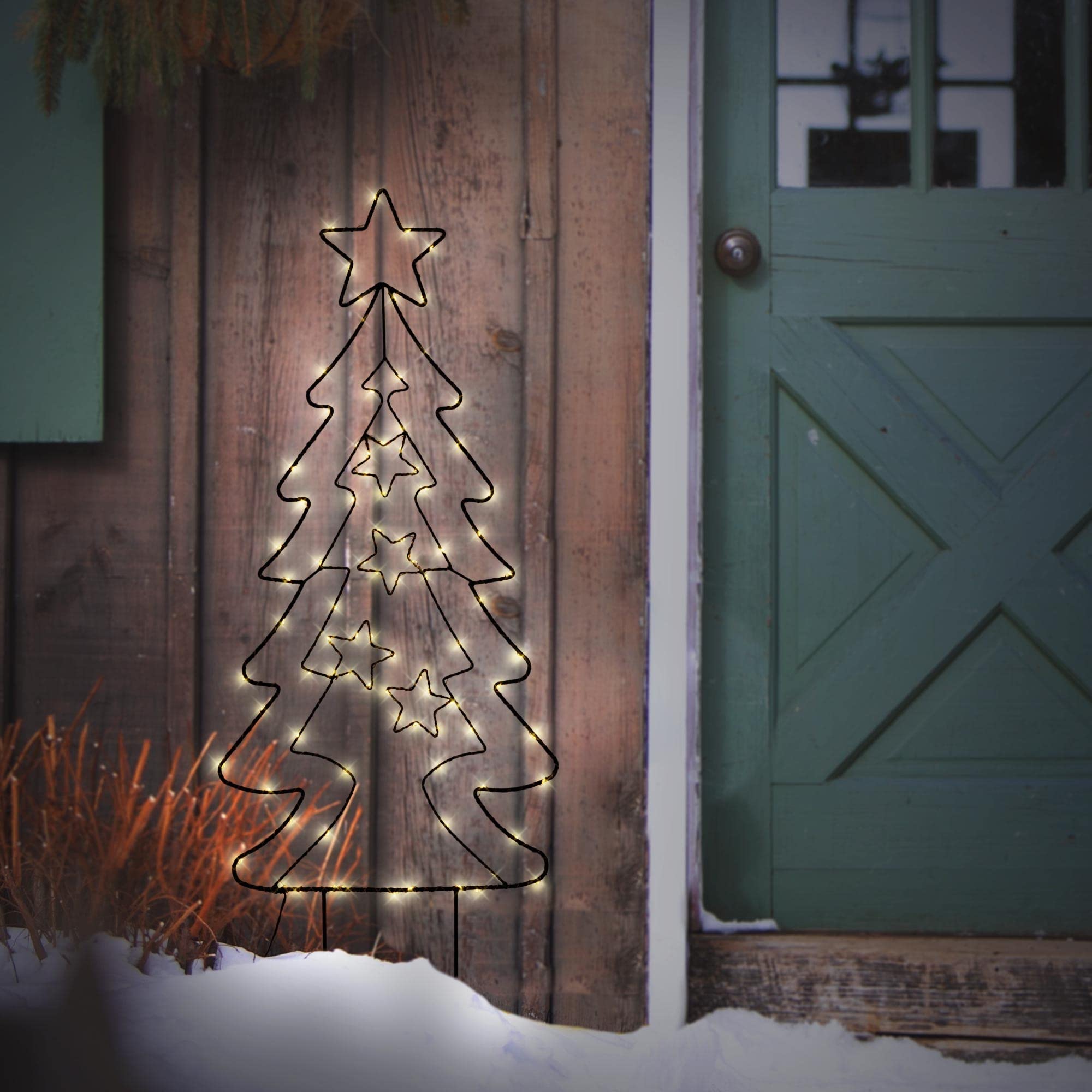 ECD Germany LED Gartenstecker Weihnachtsbaum Tanne 87cm 90 LEDs Warmweiß 6 Std Timer Batteriebetrieben Innen/Außen Metall LED Baum Weihnachten Dekoration Garten Deko Tannenbaum beleuchtet Lichterbaum