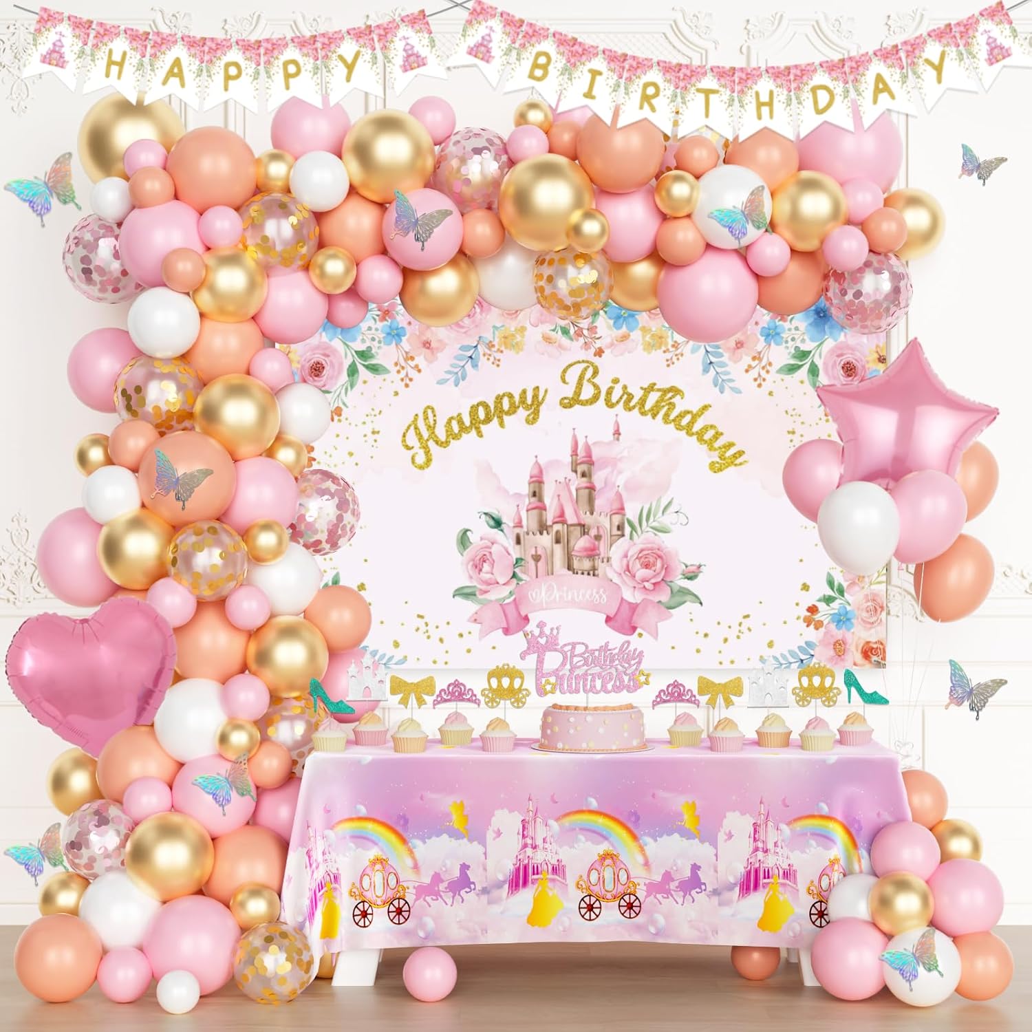Princess Birthday Party Decorations, Pink Princess Birthday Backdrop Balloon Garland Arch Banner Tablecloth Cake Cupcake Topper 3D Butterfly for Girls Pastel Floral Castle Party Supplies