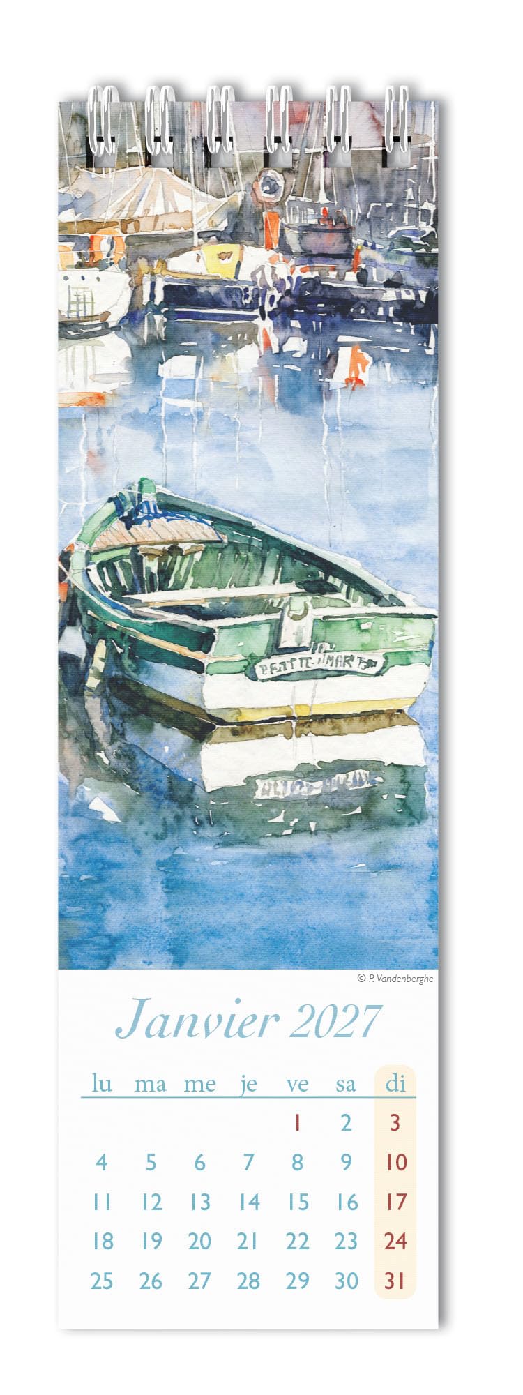 Calendrier Marque Page 2027 Aquarelle Vanderbergue Voiliers Format 5.5x17cm (AJZMP001)+ offert un agenda de poche 2027