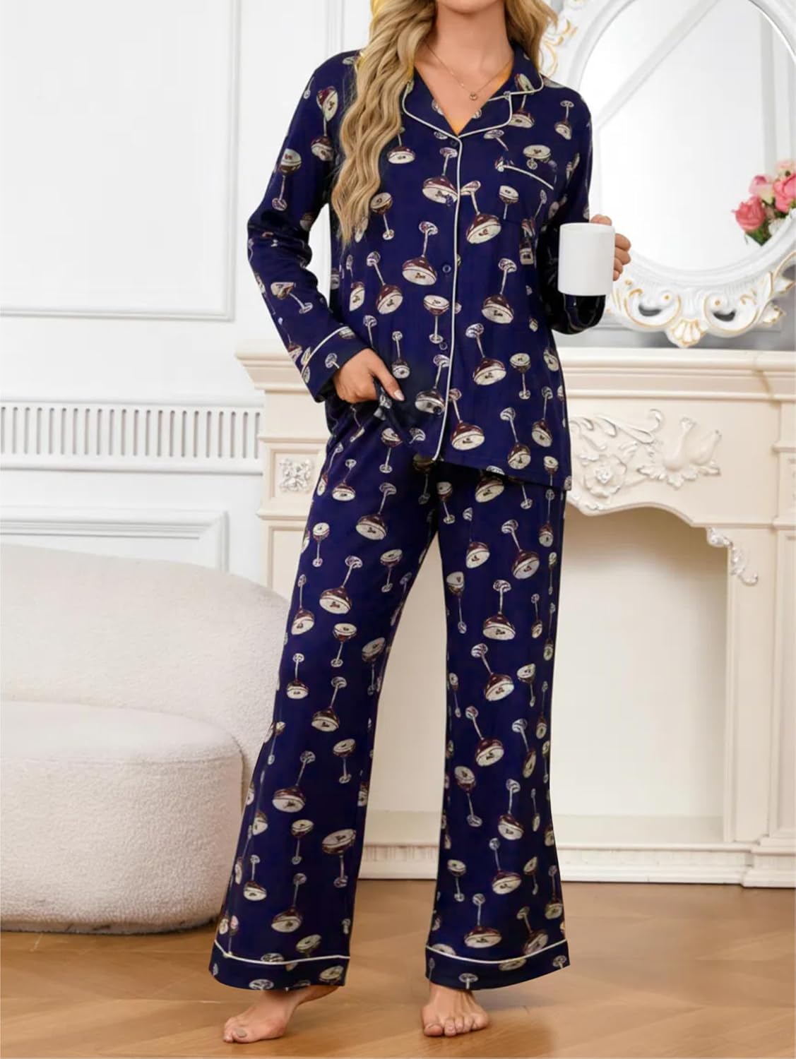 iChunhua Women's Pajamas Set Long Sleeve Sleepwear Soft Button Down Loungewear Nightwear Wide Leg Pjs Set - Image 6