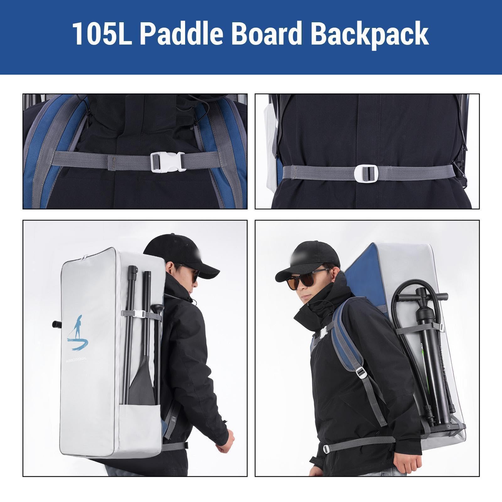 Kavolet Sac à Dos pour Paddle Board de 105 litres, Sac de Planche de Surf, Sac à Dos de Voyage pour Paddleboard Stand Up Board Portable en Tissu Oxford imperméable de Grande capacité