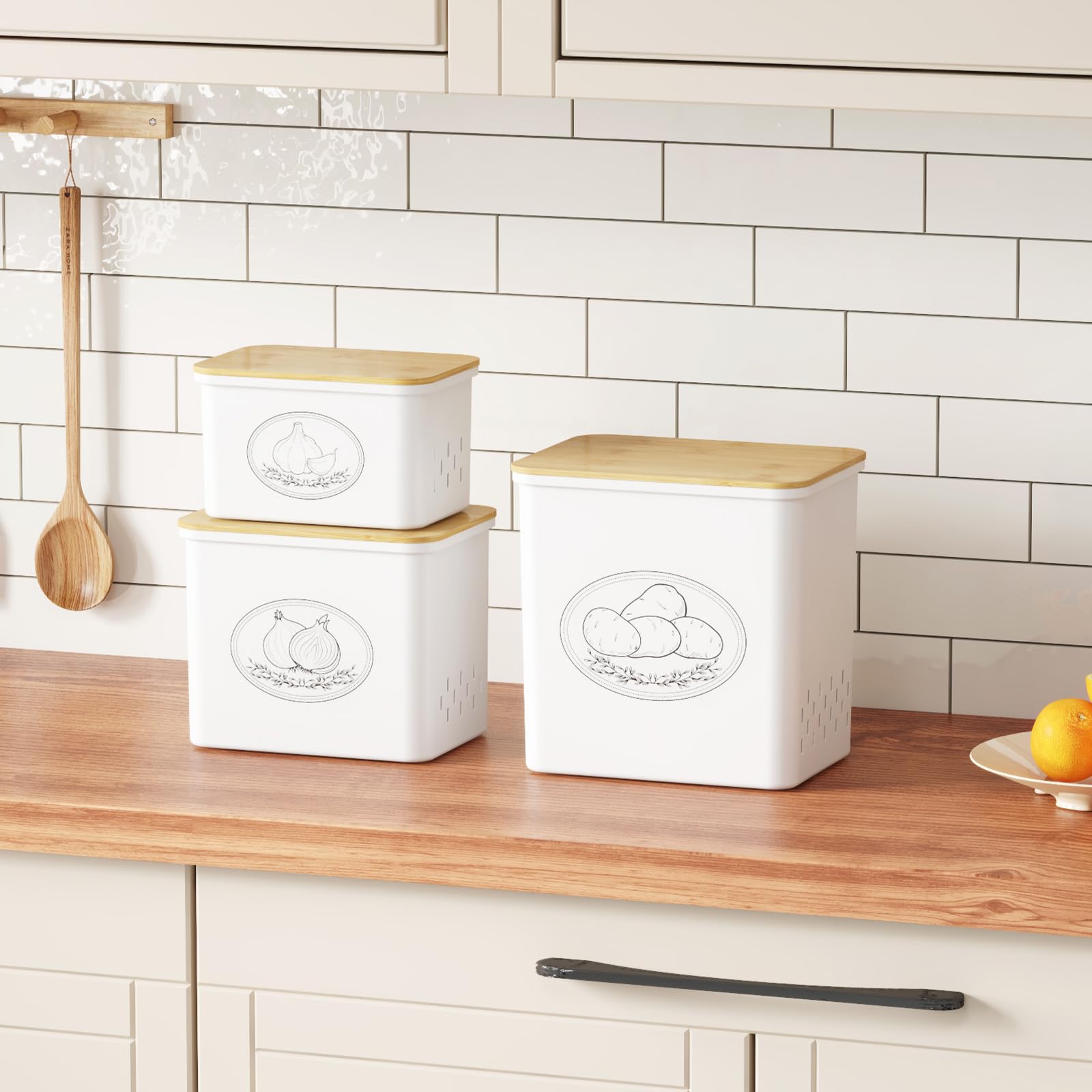 Lifewit Rangement Pomme de Terre, Grande Boite Oignons avec Couvercle et Des Trous de Ventilation, Boîtes de Legumes Rangement Cuisine en Plastique Empilables, 24 cm(H), Blanc, 3 Pièces