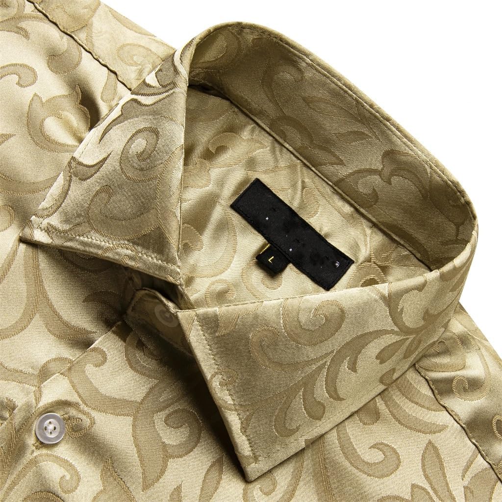 Men Silk Long Sleeve Brown Khaki Flower Slim Fit Male Blouese Casual Tops Formal Breathable